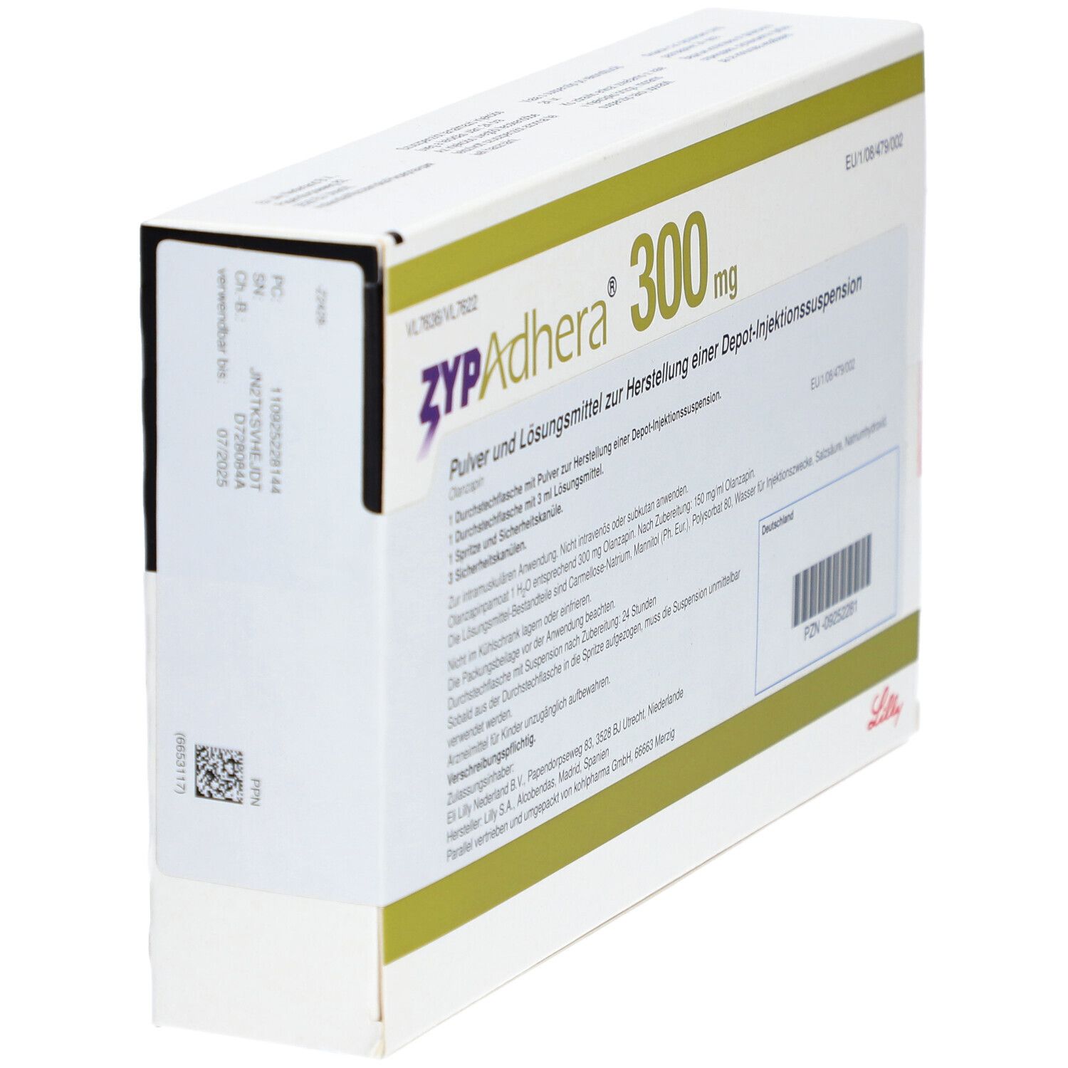 Zypadhera 300 mg-Verpackung, schräg. Weißer Karton mit grünen Akzenten. Text: Pulver und Lösungsmittel, Injektionssuspension.