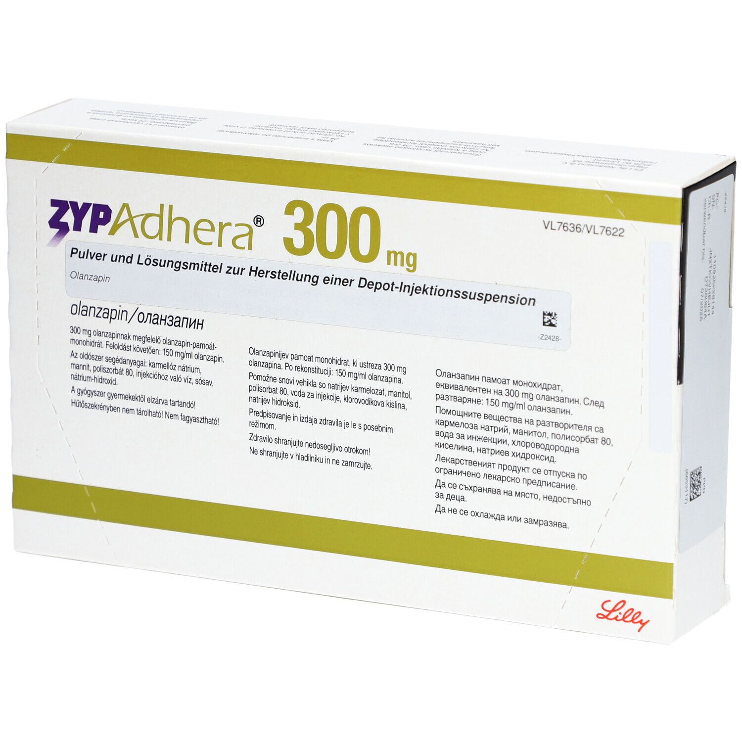 Zypadhera 300 mg-Verpackung. Weißer Karton mit grünen Akzenten. Text: Olanzapin, Pulver und Lösungsmittel, Injektionssuspension.