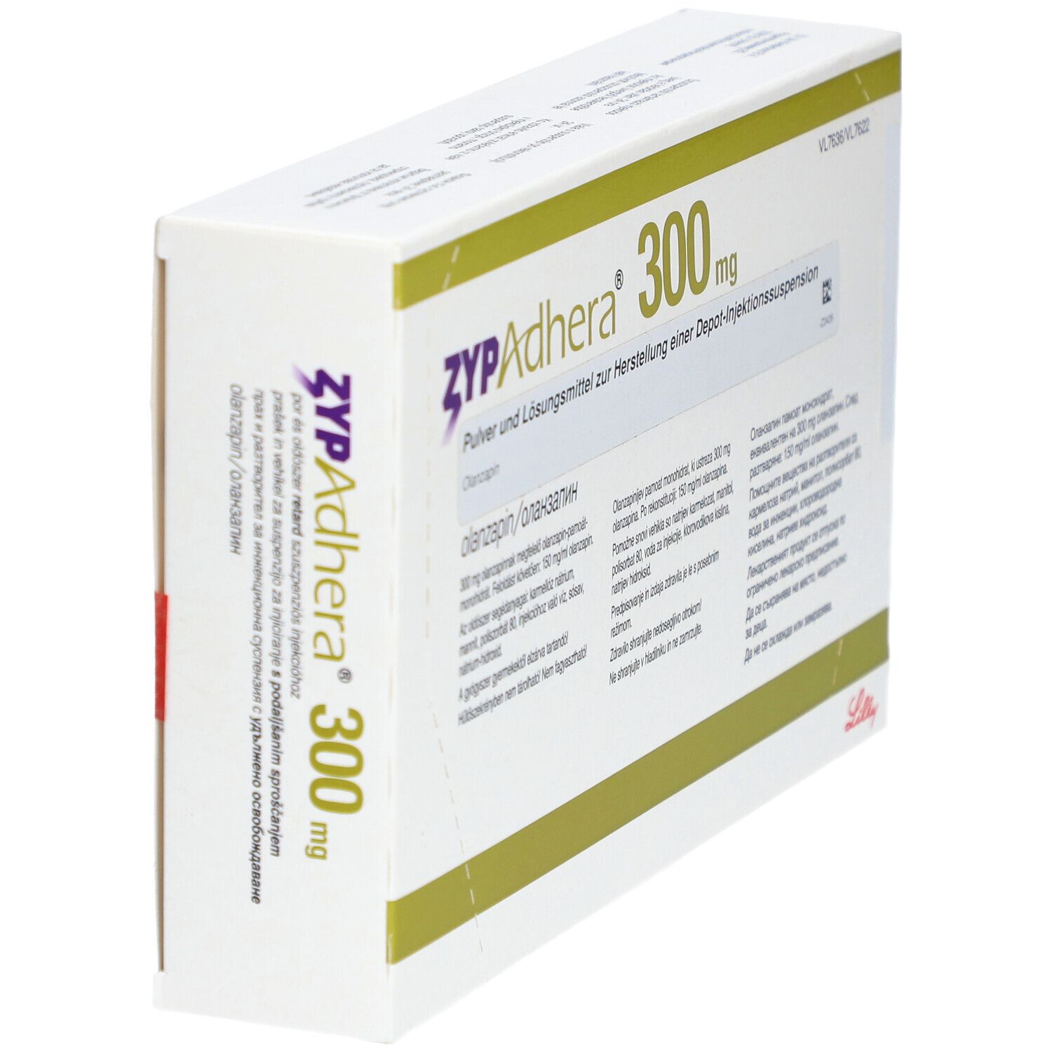 Zypadhera 300 mg-Verpackung, schräg. Weißer Karton mit grünen Akzenten. Text: Olanzapin, Pulver und Lösungsmittel, Injektionssuspension.