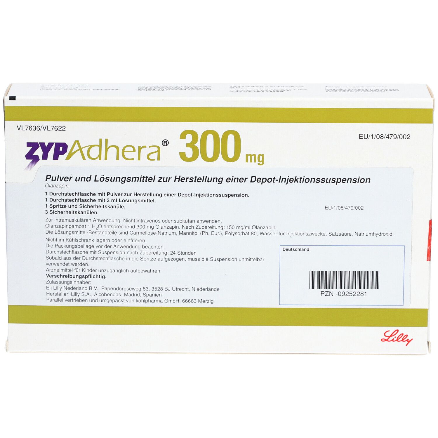 Zypadhera 300 mg-Verpackung. Weißer Karton mit grünen Akzenten. Text: Olanzapin, Pulver und Lösungsmittel, Injektionssuspension.