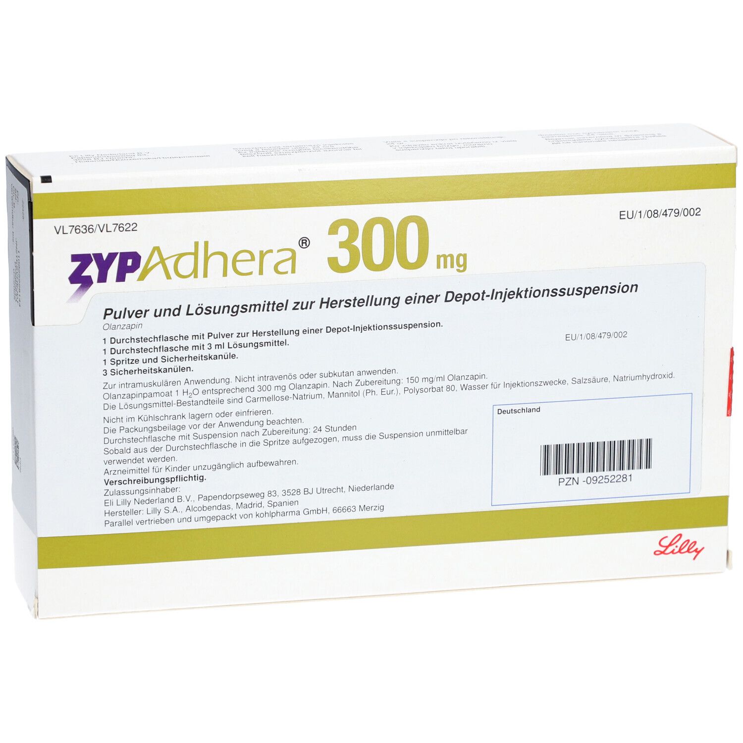 Zypadhera 300 mg-Verpackung. Weißer Karton mit grünen Akzenten. Text: Olanzapin, Pulver und Lösungsmittel, Injektionssuspension.