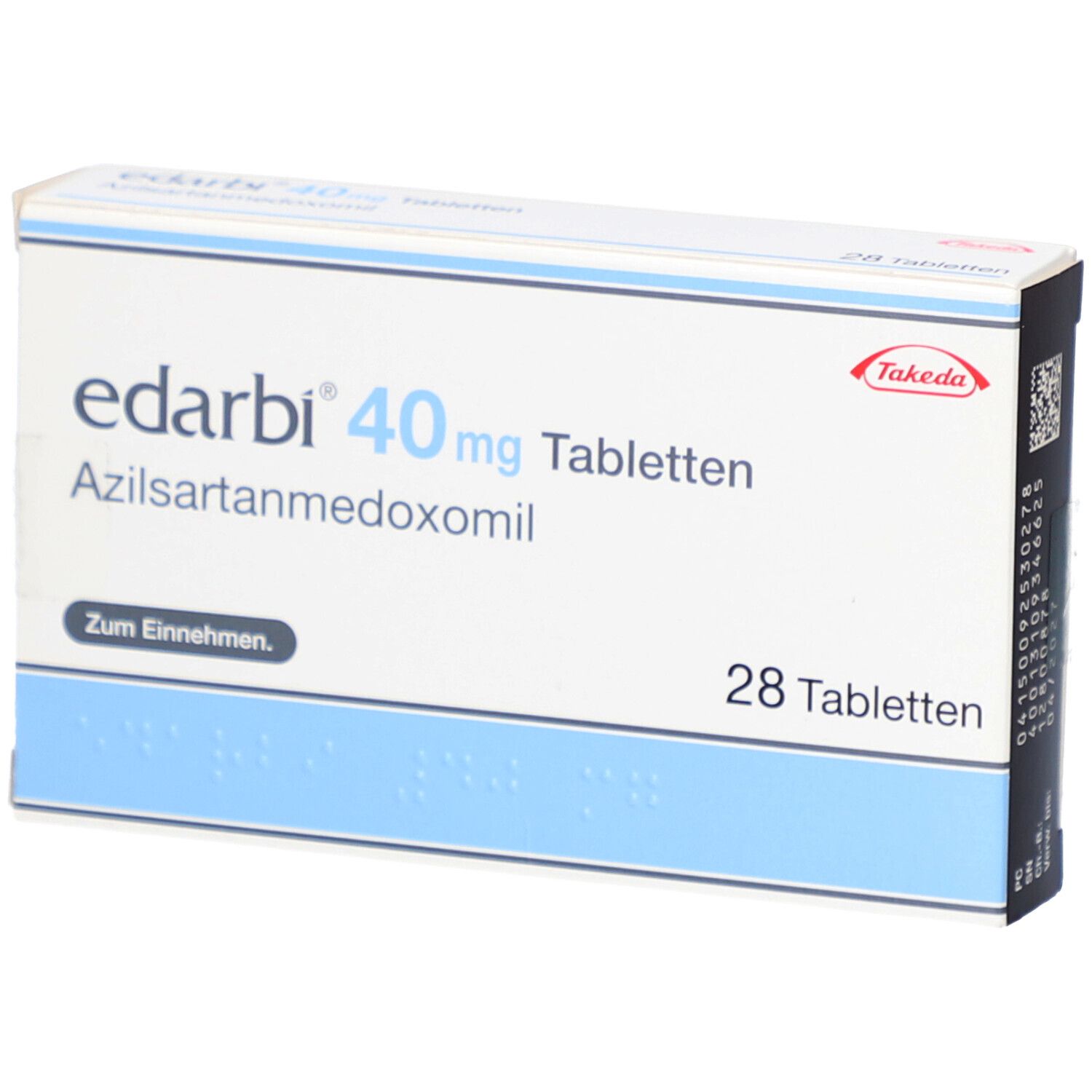 Edarbi 40 mg Tabletten-Packung. Enthält 28 Tabletten. Aufschrift: Azilsartanmedoxomil, Zum Einnehmen. Marke: Takeda.