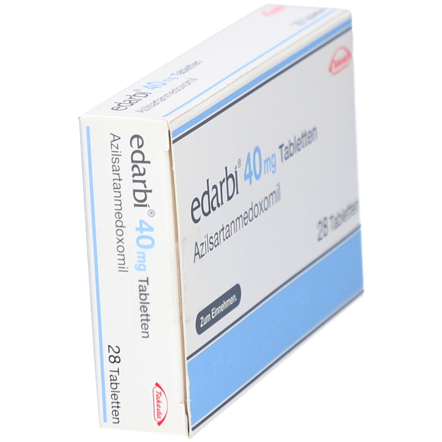 Schachtel Edarbi 40 mg Tabletten, 28 Stück. Aufschrift: Azilsartanmedoxomil. Marke Takeda. Blaue und weiße Farbgebung.