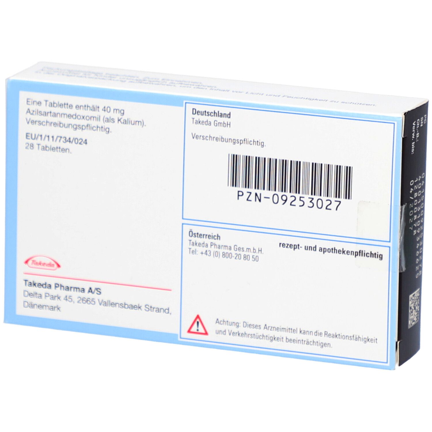Rückseite der Edarbi 40 mg Tabletten-Schachtel. Enthält Informationen zu Inhaltsstoffen und Hersteller. Marke Takeda.
