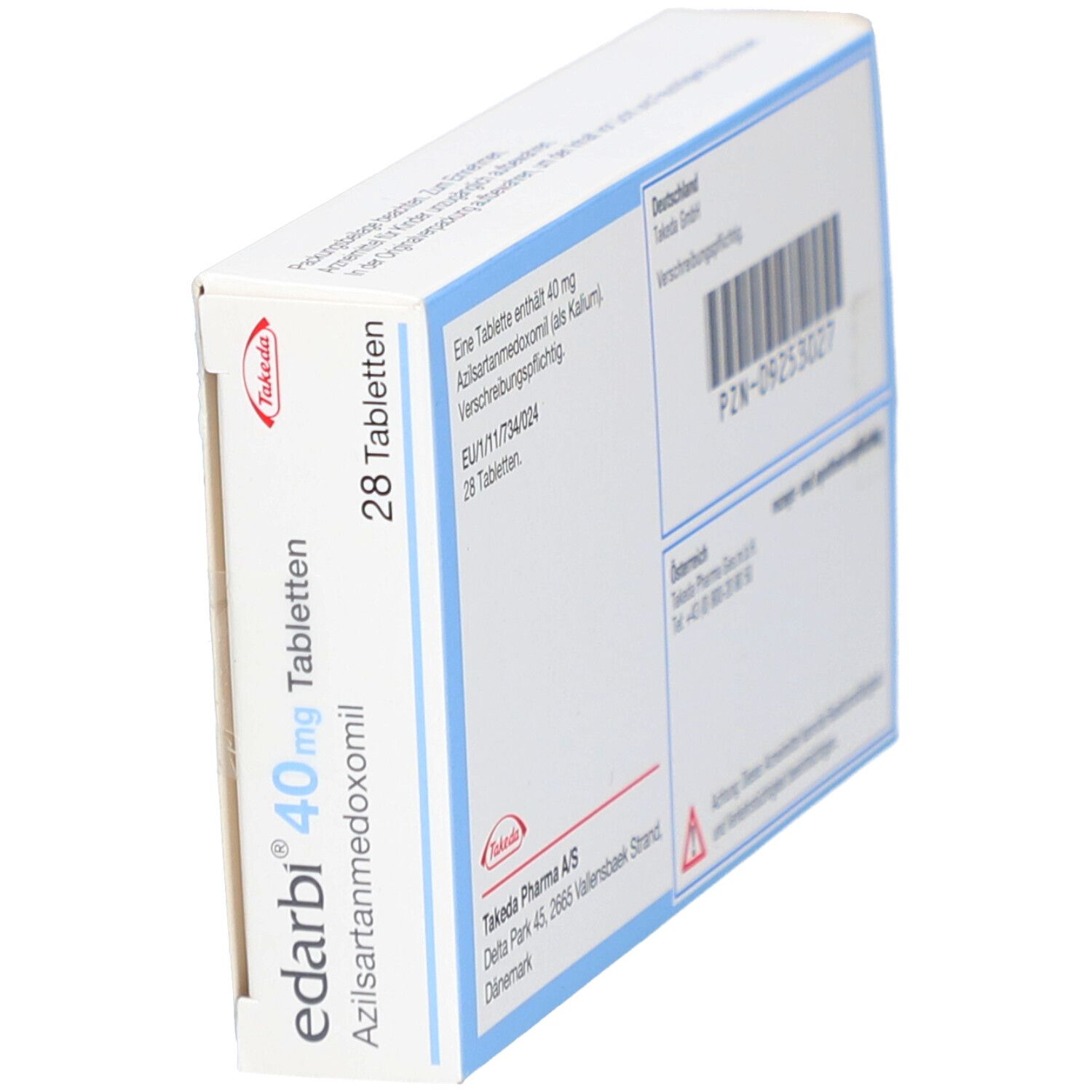 Edarbi 40 mg Tabletten-Packung, Seitenansicht. Enthält 28 Tabletten. Aufschrift: Azilsartanmedoxomil. Marke: Takeda. Mit Barcode.