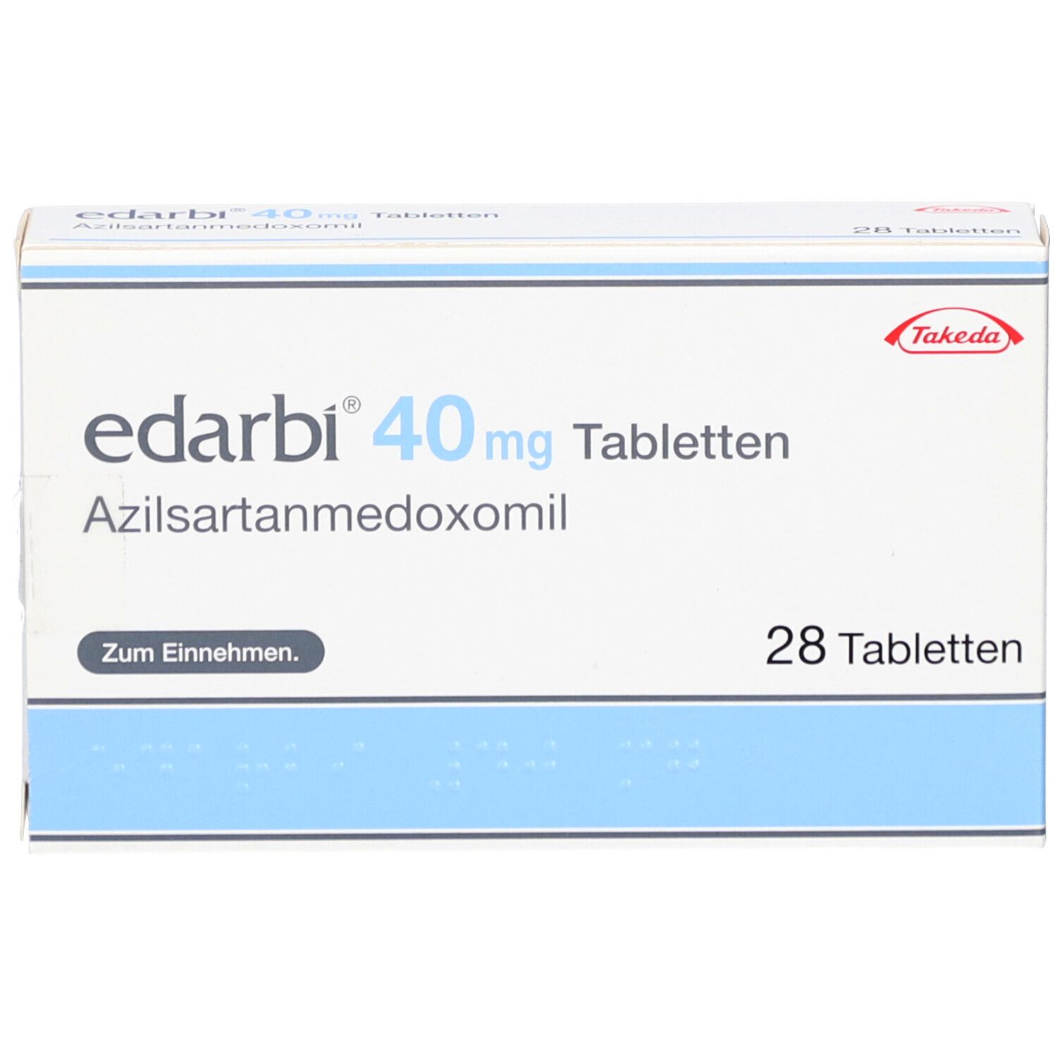 Edarbi 40 mg Tabletten-Packung. Enthält 28 Tabletten. Aufschrift: Azilsartanmedoxomil, Zum Einnehmen. Marke: Takeda.