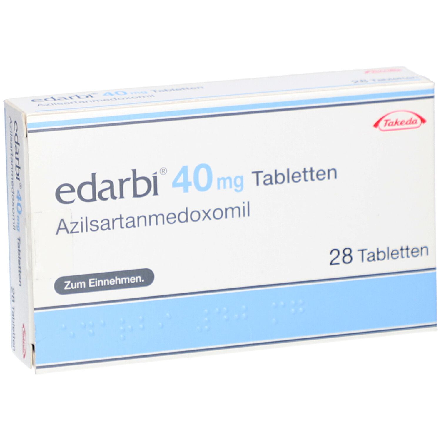 Edarbi 40 mg Tabletten-Packung. Enthält 28 Tabletten. Aufschrift: Azilsartanmedoxomil, Zum Einnehmen. Marke: Takeda.