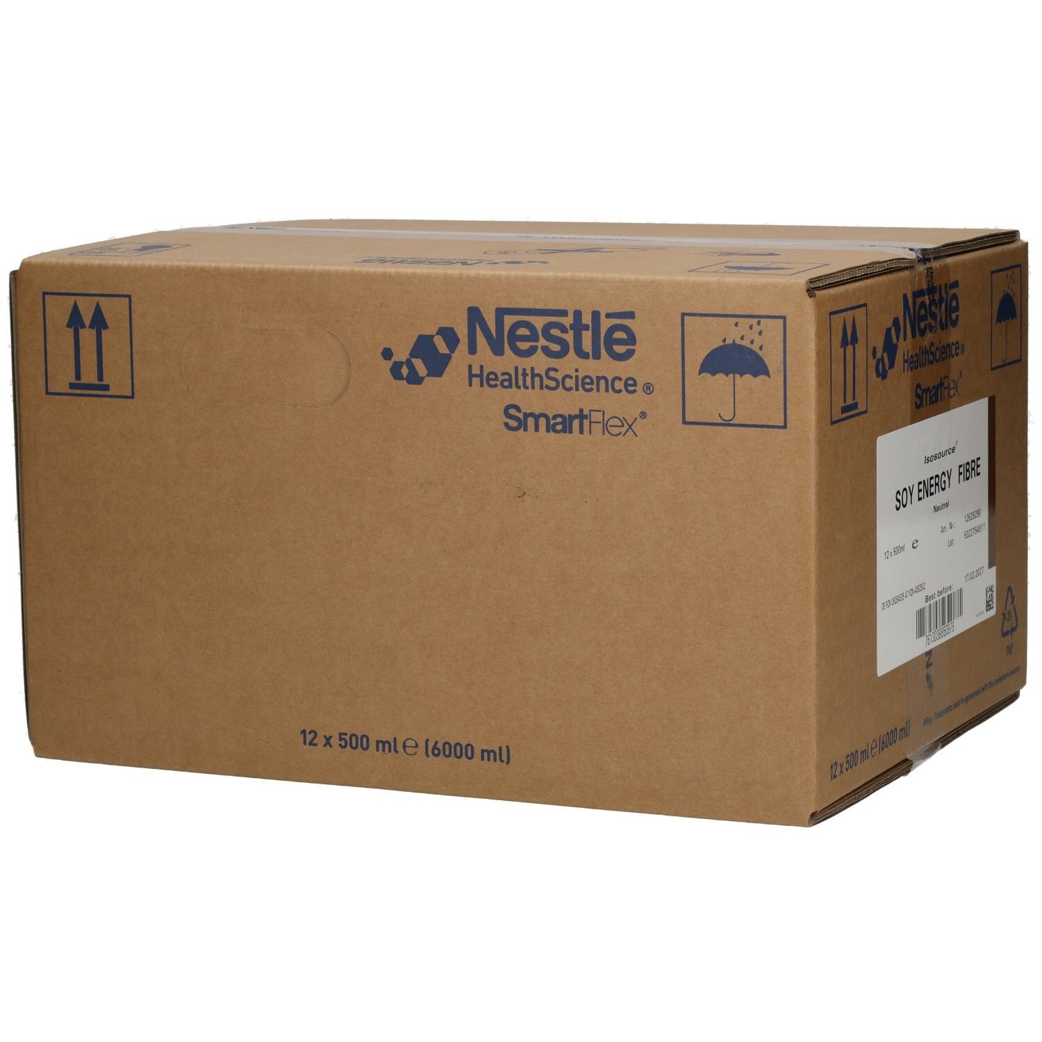 Karton mit 12x 500ml Isosource Soy Energy Fibre von Nestle Health Science.