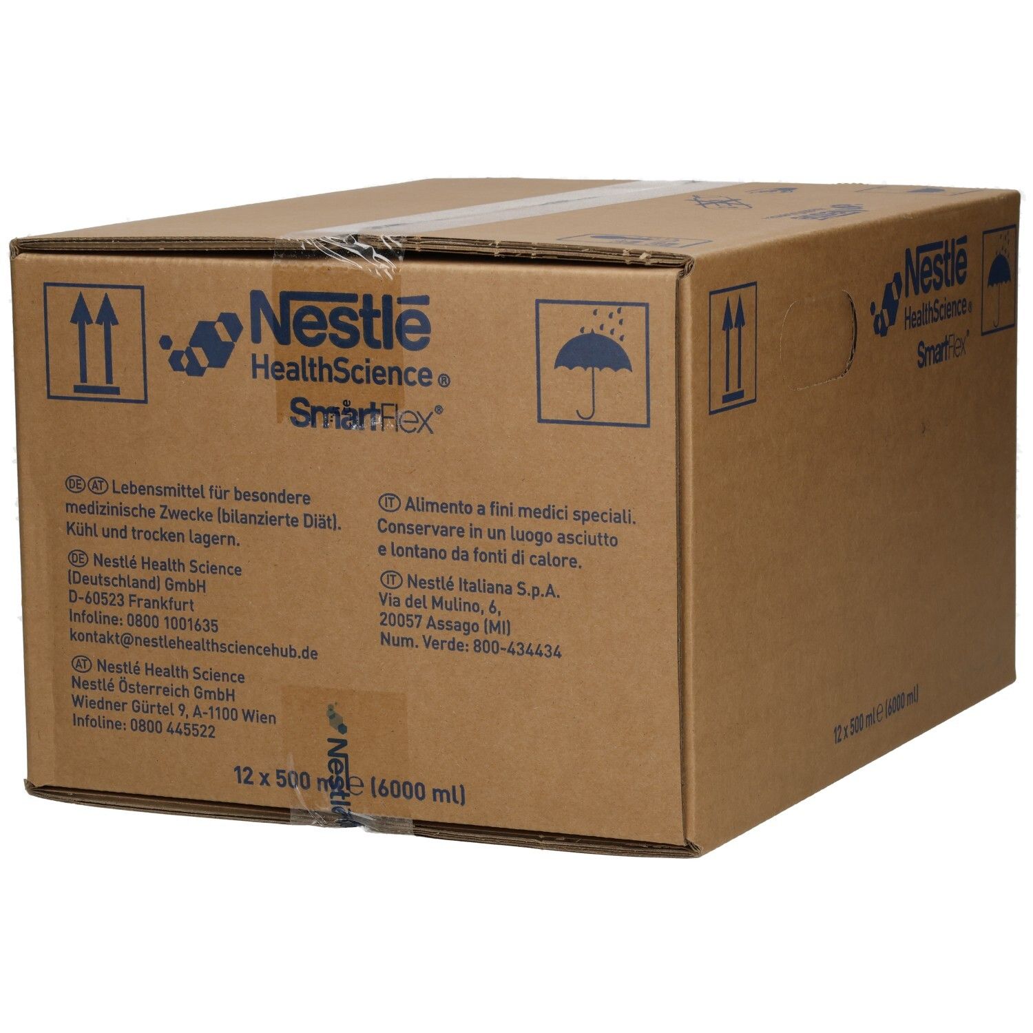 Karton mit 12x 500ml Isosource Soy Energy Fibre von Nestle Health Science.