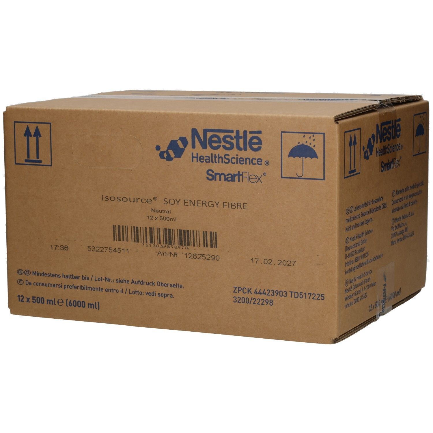 Karton mit 12x 500ml Isosource Soy Energy Fibre von Nestle Health Science.