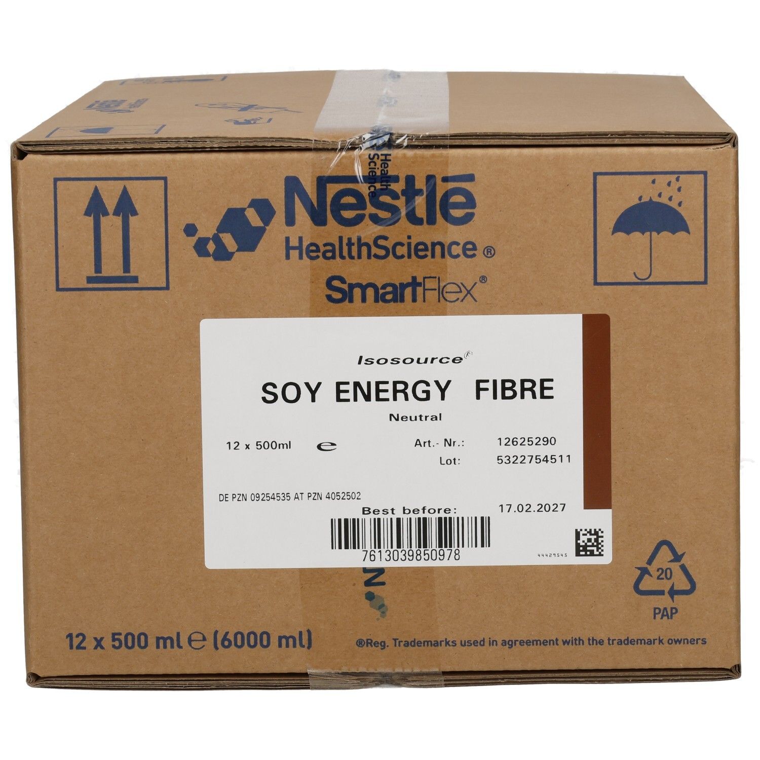 Karton mit 12x 500ml Isosource Soy Energy Fibre von Nestle Health Science.