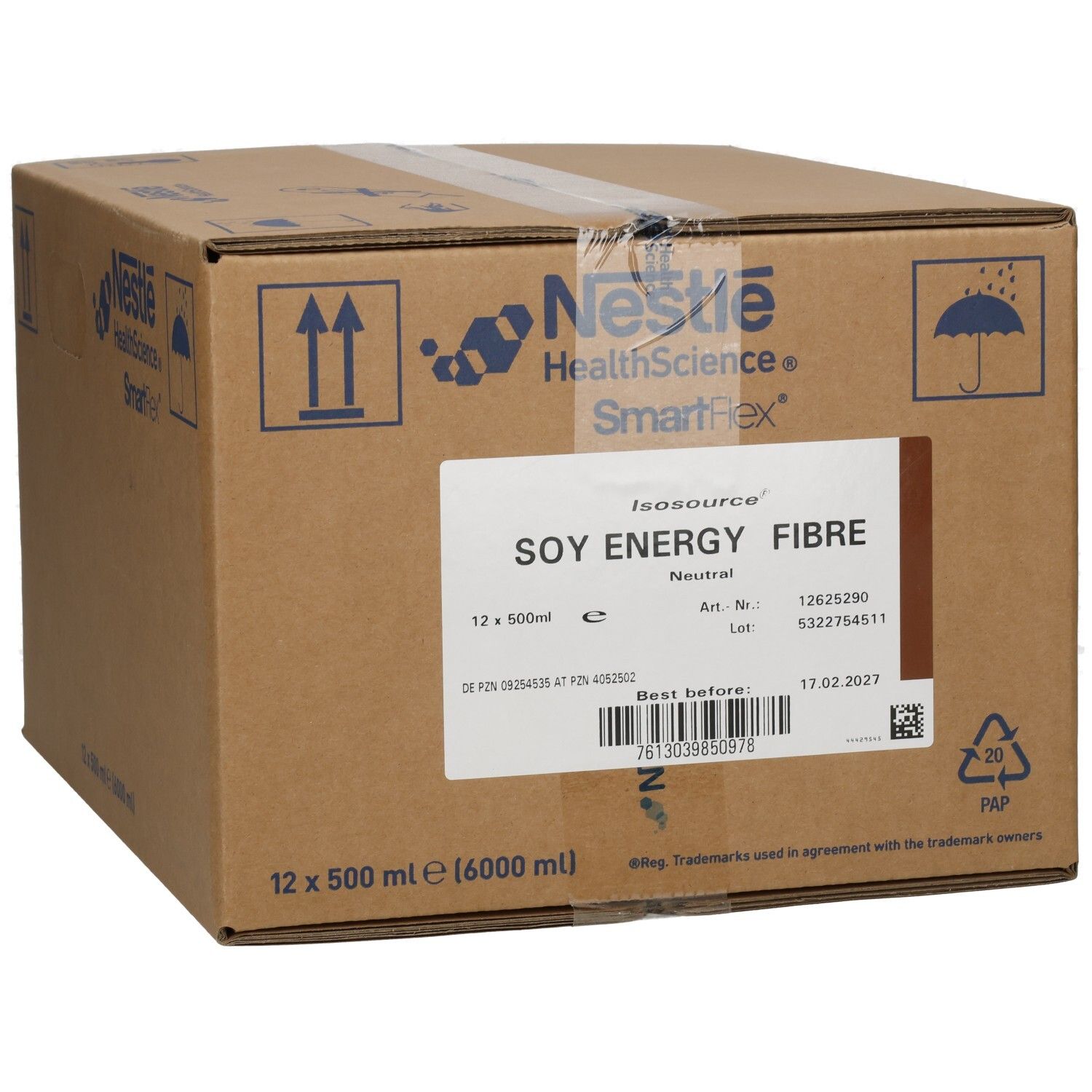 Karton mit 12x 500ml Isosource Soy Energy Fibre von Nestle Health Science.