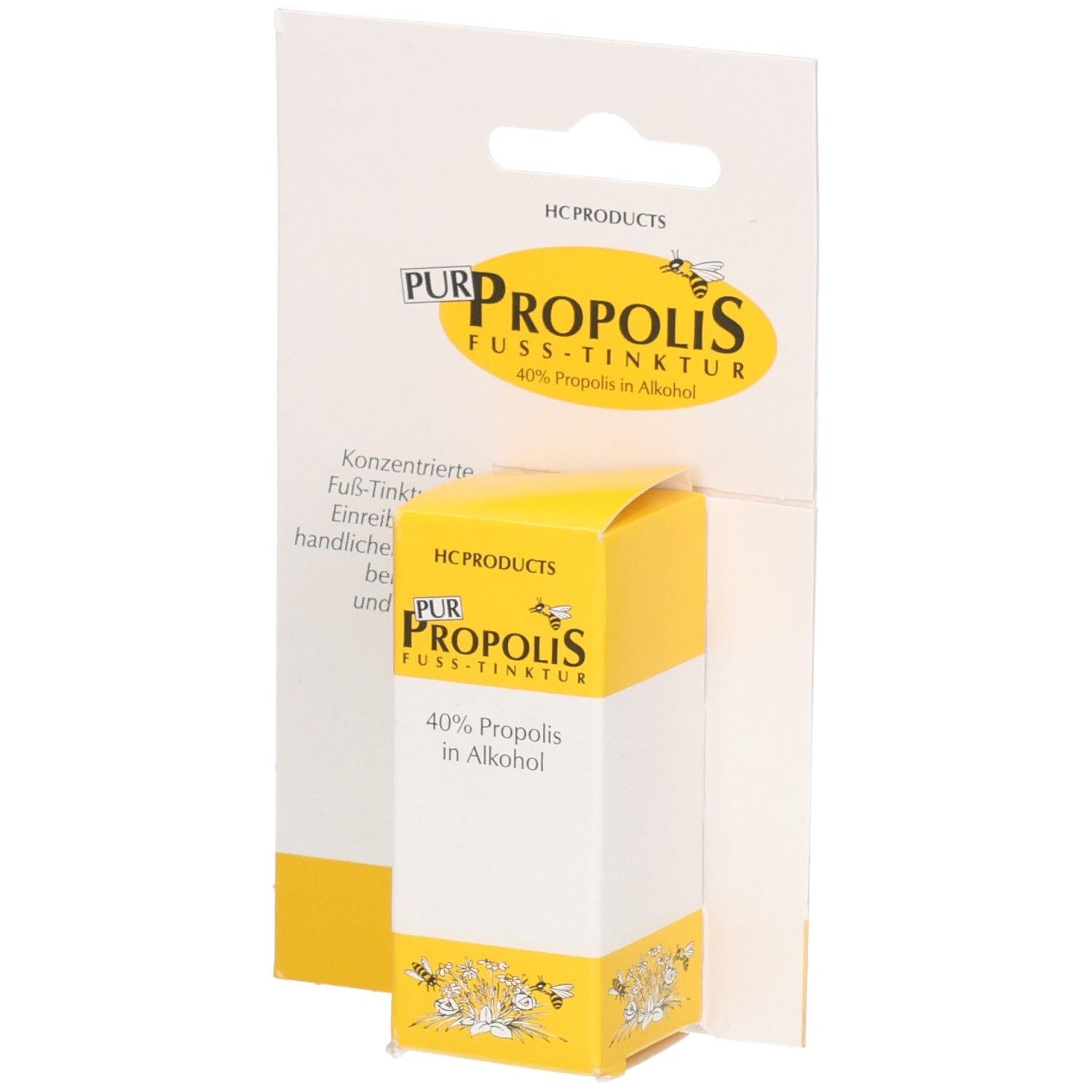 Verpackung mit einer kleinen Schachtel Propolis Fußtinktur, 40% Propolis in Alkohol.