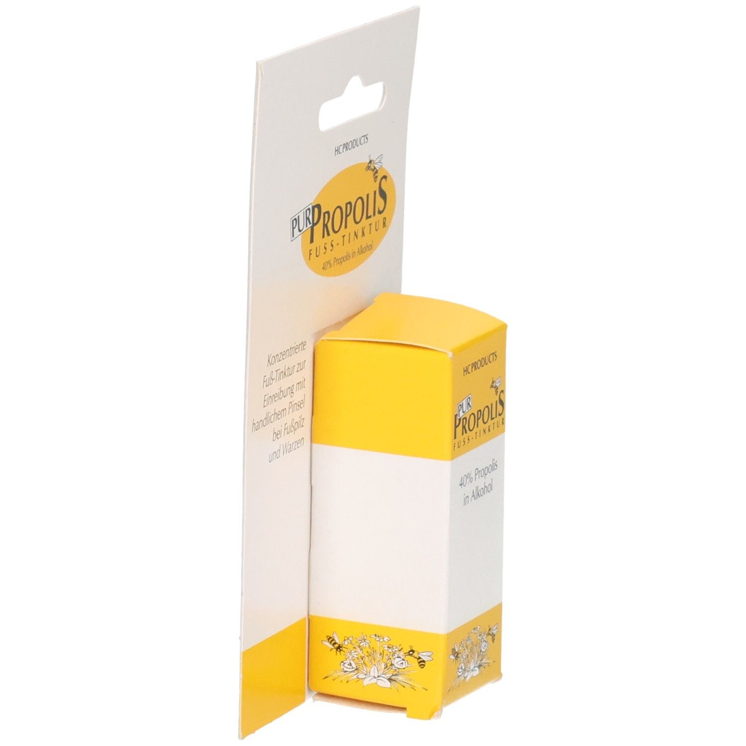 Seitenansicht der Verpackung mit Propolis Fußtinktur, 40% Propolis in Alkohol.