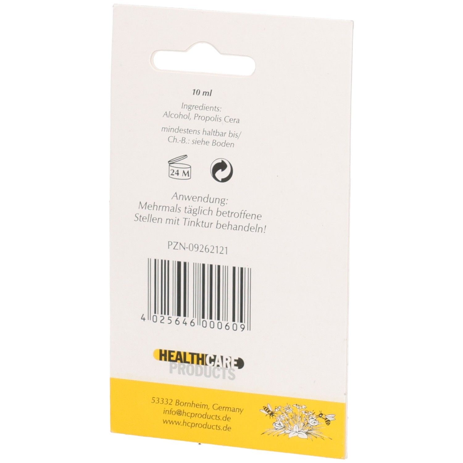 Rückseite der Verpackung mit Propolis Fußtinktur, Inhaltsstoffe und Anwendungshinweisen.