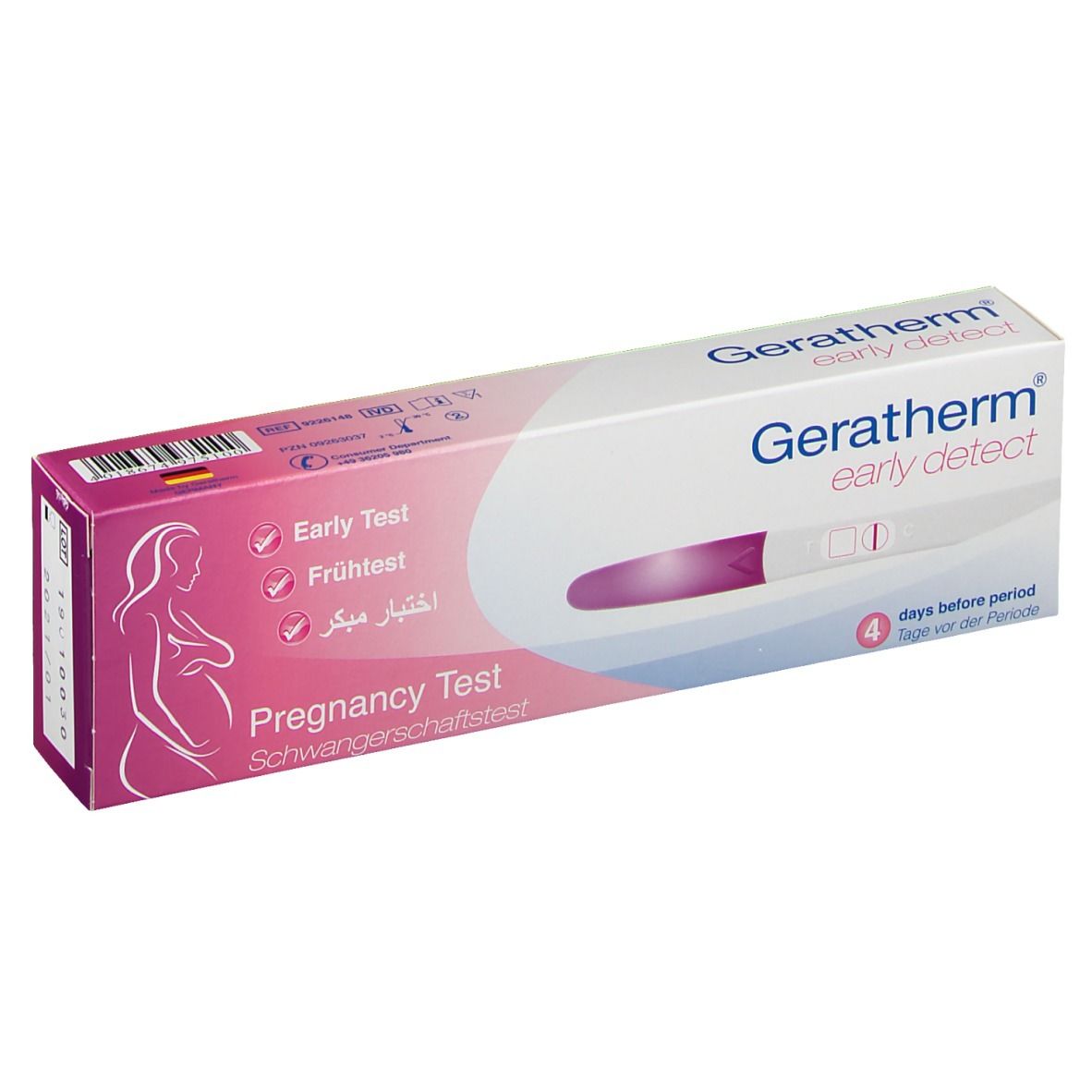 Verpackung von Geratherm early detect Schwangerschaftstest. Rosa-weiße Schachtel mit Teststreifen-Abbildung und Produktnamen.
