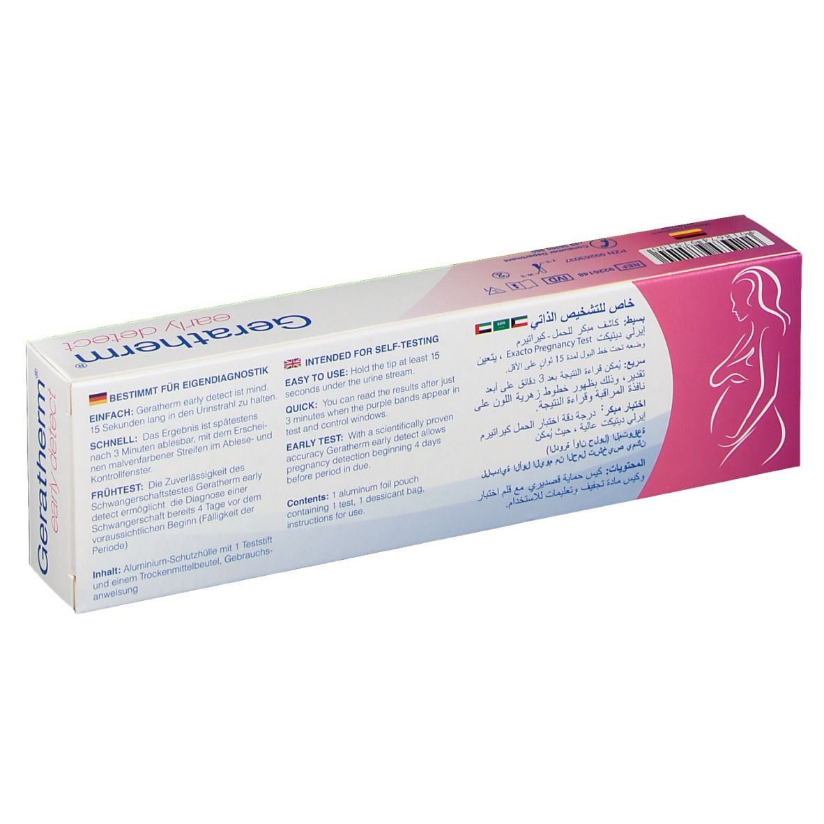 Rückseite der Geratherm early detect Verpackung. Text in mehreren Sprachen, Abbildung einer Frau.