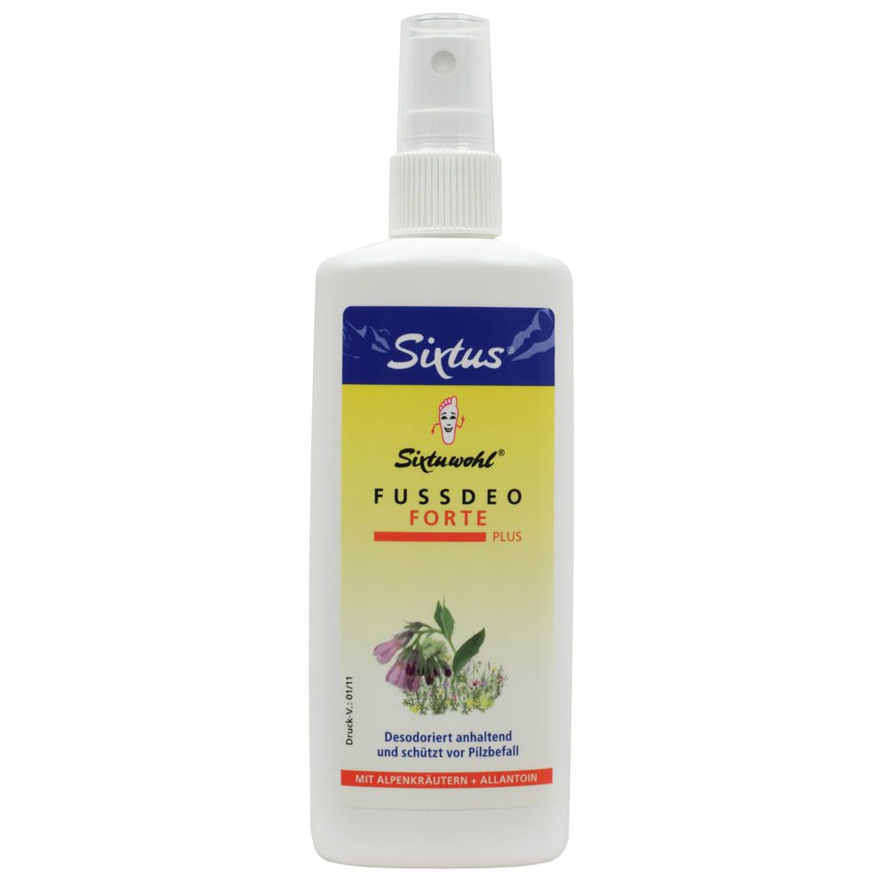 Weiße Flasche mit Sprühkopf. Etikett mit Sixtus, Sixtuwohl Fußdeo Forte Plus. Text: Desodoriert, schützt vor Pilzbefall.