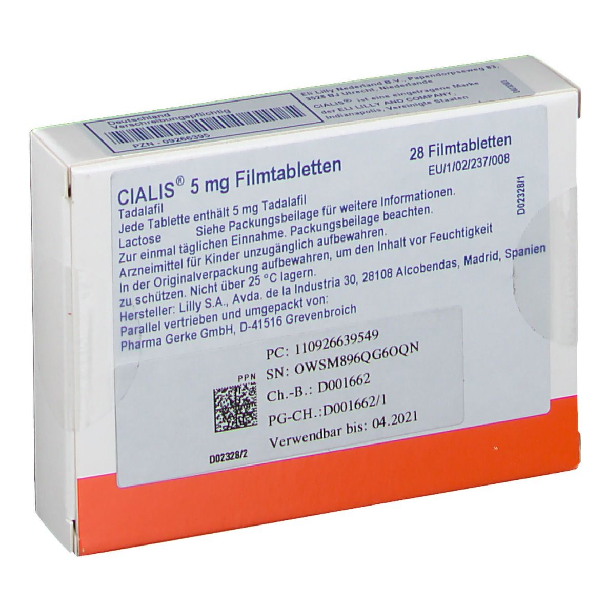 Verpackung von CIALIS 5 mg Filmtabletten. Weiße Schachtel mit blauer und roter Beschriftung. Enthält 28 Tabletten.
