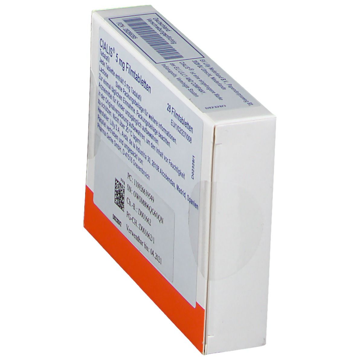 Seitenansicht der CIALIS 5 mg Filmtabletten-Verpackung. Weiße Schachtel mit roter und blauer Beschriftung.