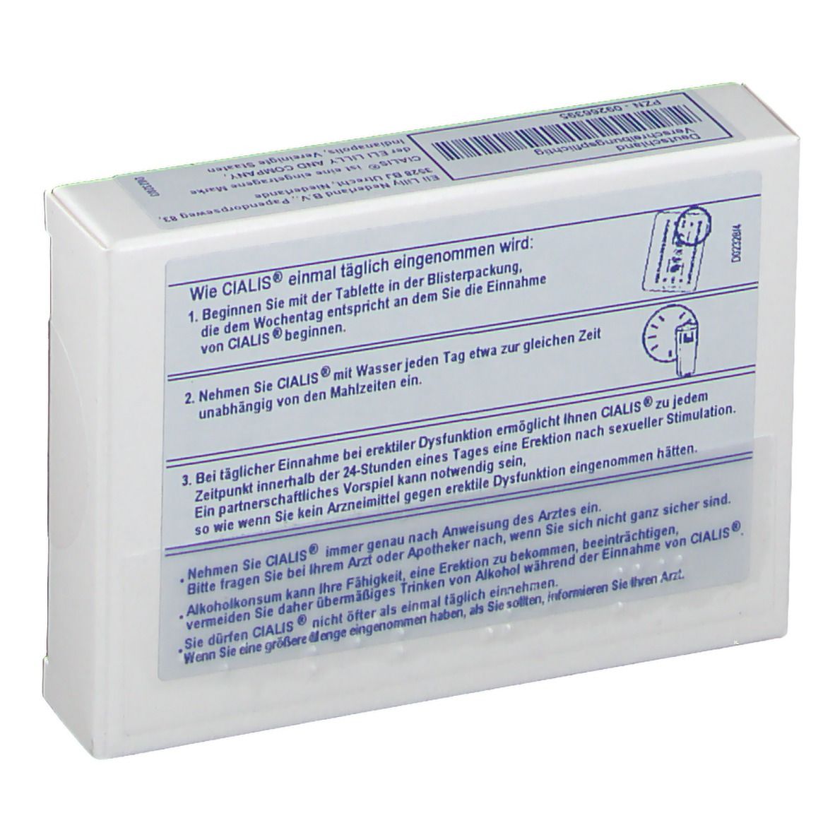 Rückseite der CIALIS 5 mg Filmtabletten-Verpackung. Weiße Schachtel mit blauer Beschriftung und Anweisungen.