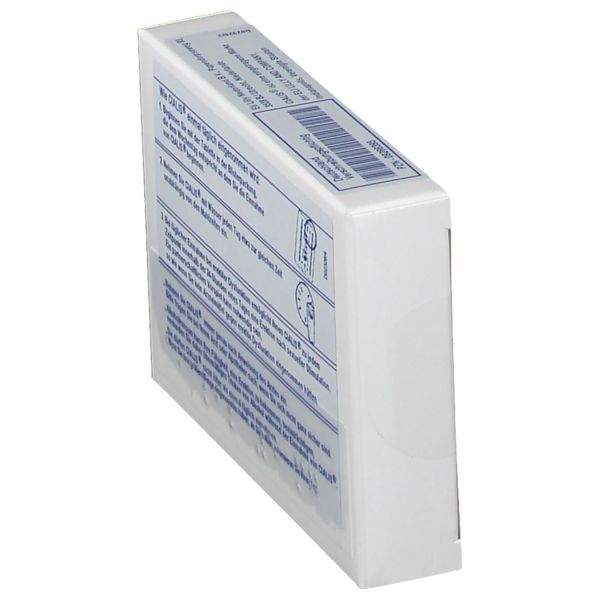 Seitenansicht der Rückseite der CIALIS 5 mg Filmtabletten-Verpackung. Weiße Schachtel mit blauer Beschriftung.
