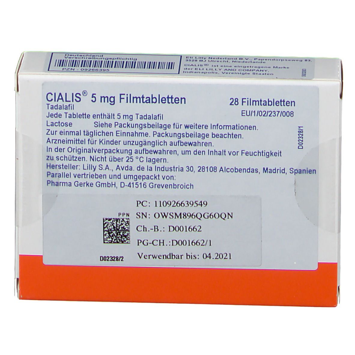 Vorderansicht der CIALIS 5 mg Filmtabletten-Verpackung. Weiße Schachtel mit blauer und roter Beschriftung. 28 Tabletten.