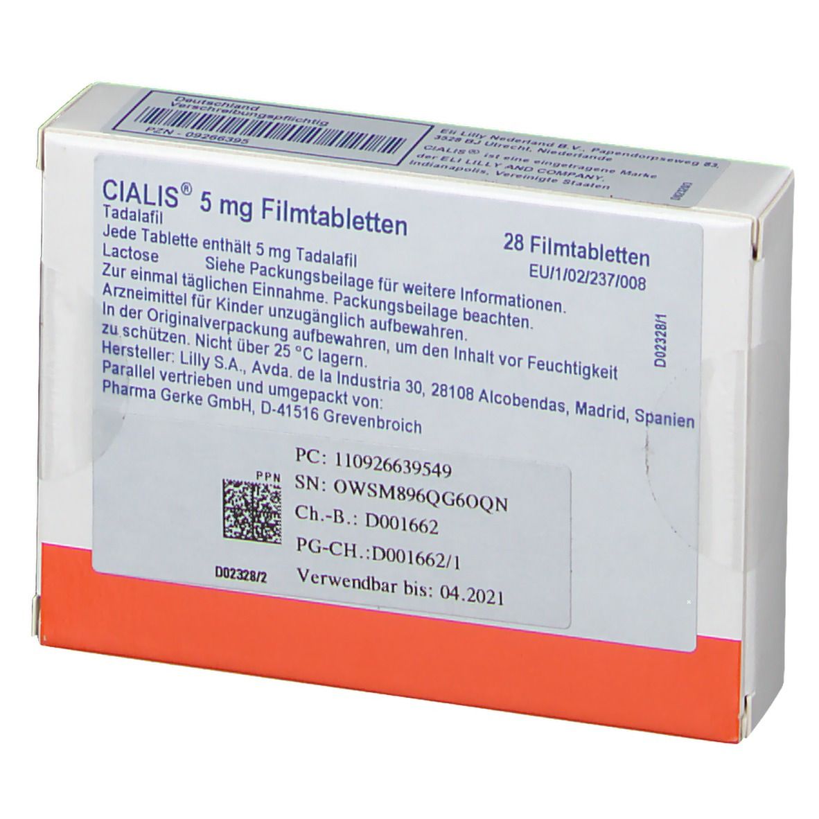 Vorderansicht der CIALIS 5 mg Filmtabletten-Verpackung. Weiße Schachtel mit blauer und roter Beschriftung. 28 Tabletten.
