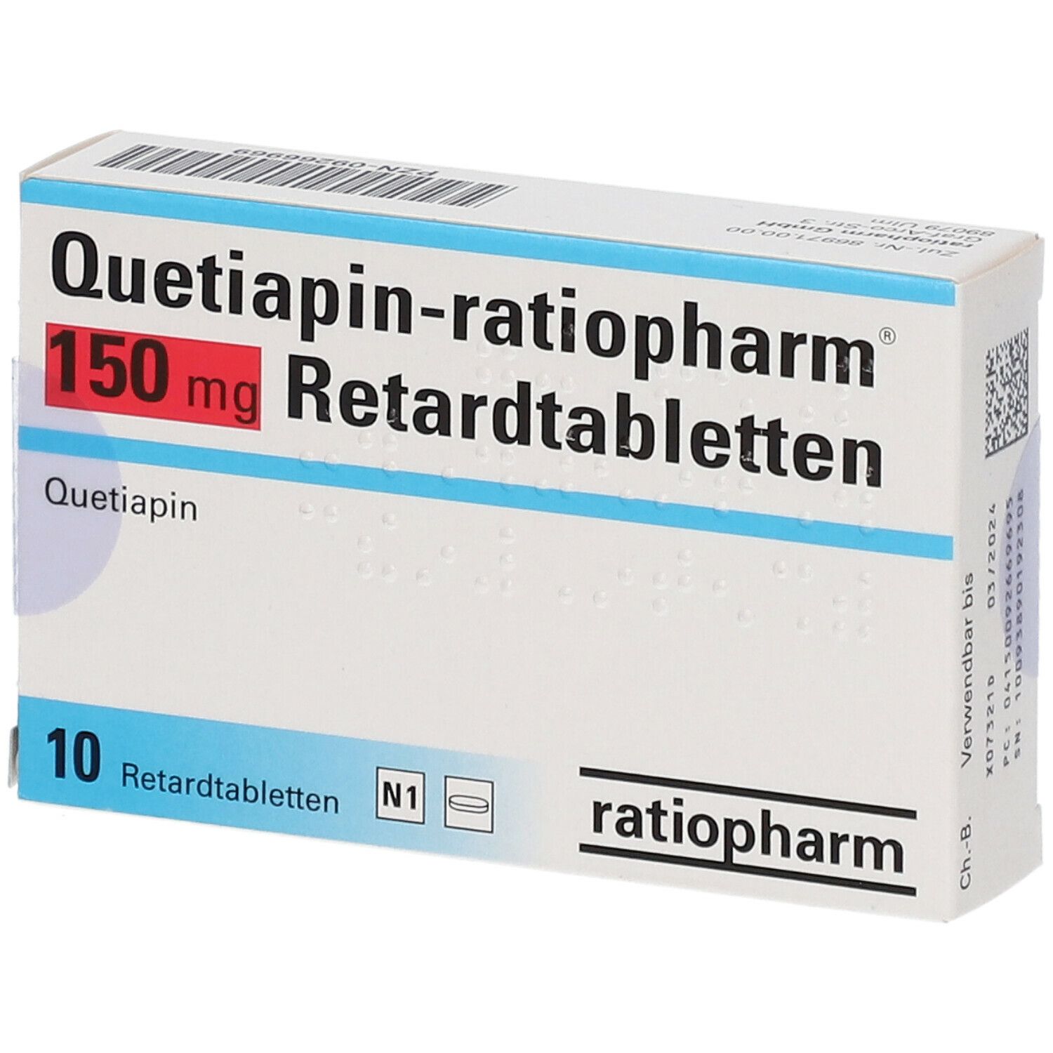 Schachtel mit "Quetiapin-ratiopharm 150 mg Retardtabletten". 10 Tabletten. Marke ratiopharm. Weiße und blaue Verpackung.