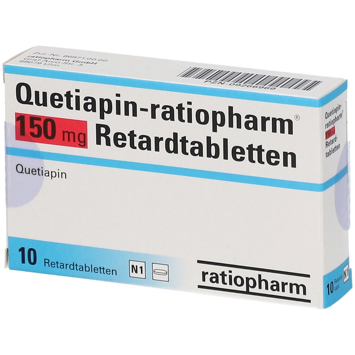 Schachtel "Quetiapin-ratiopharm 150 mg Retardtabletten". 10 Tabletten. Marke ratiopharm. Weiße und blaue Verpackung.