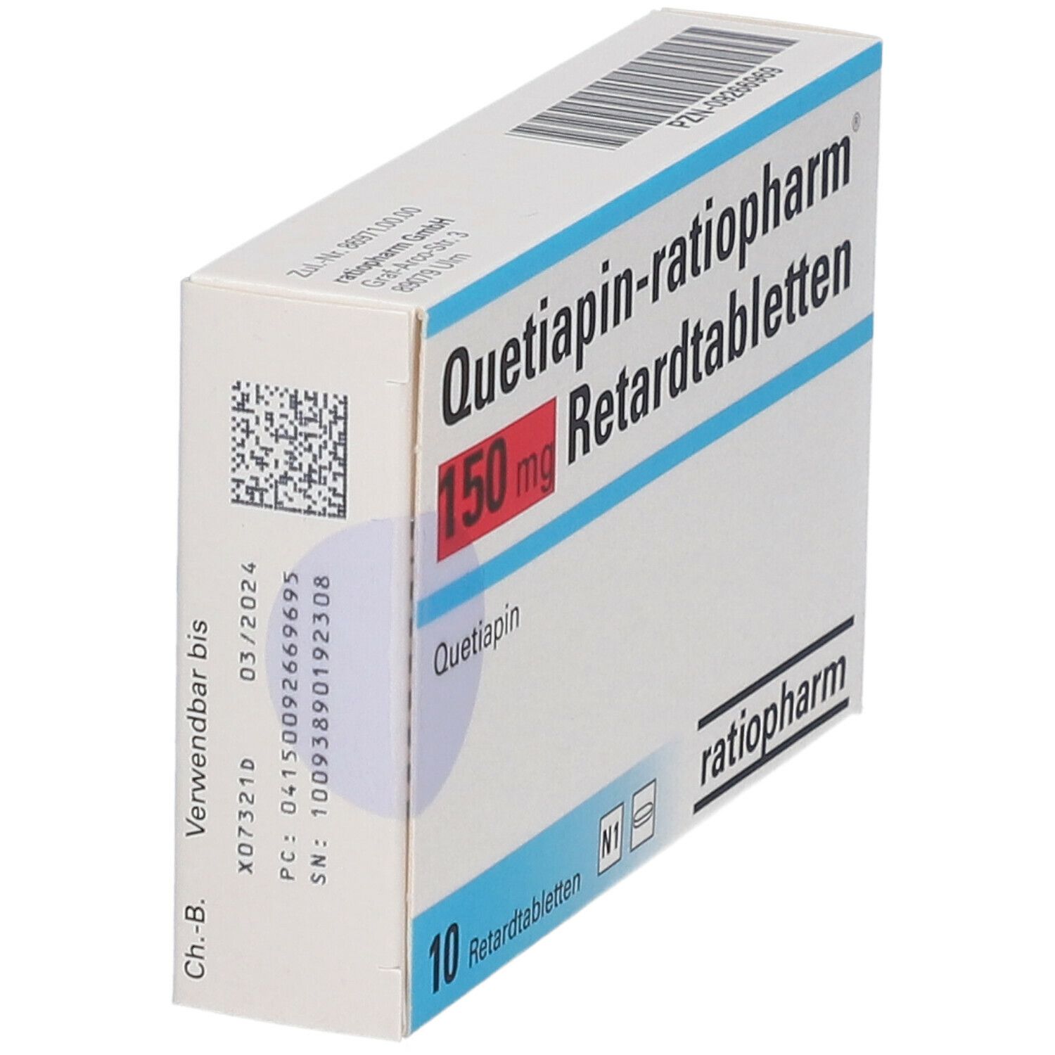 Schachtel "Quetiapin-ratiopharm 150 mg Retardtabletten". 10 Tabletten. Marke ratiopharm. Weiße und blaue Verpackung, schräg.