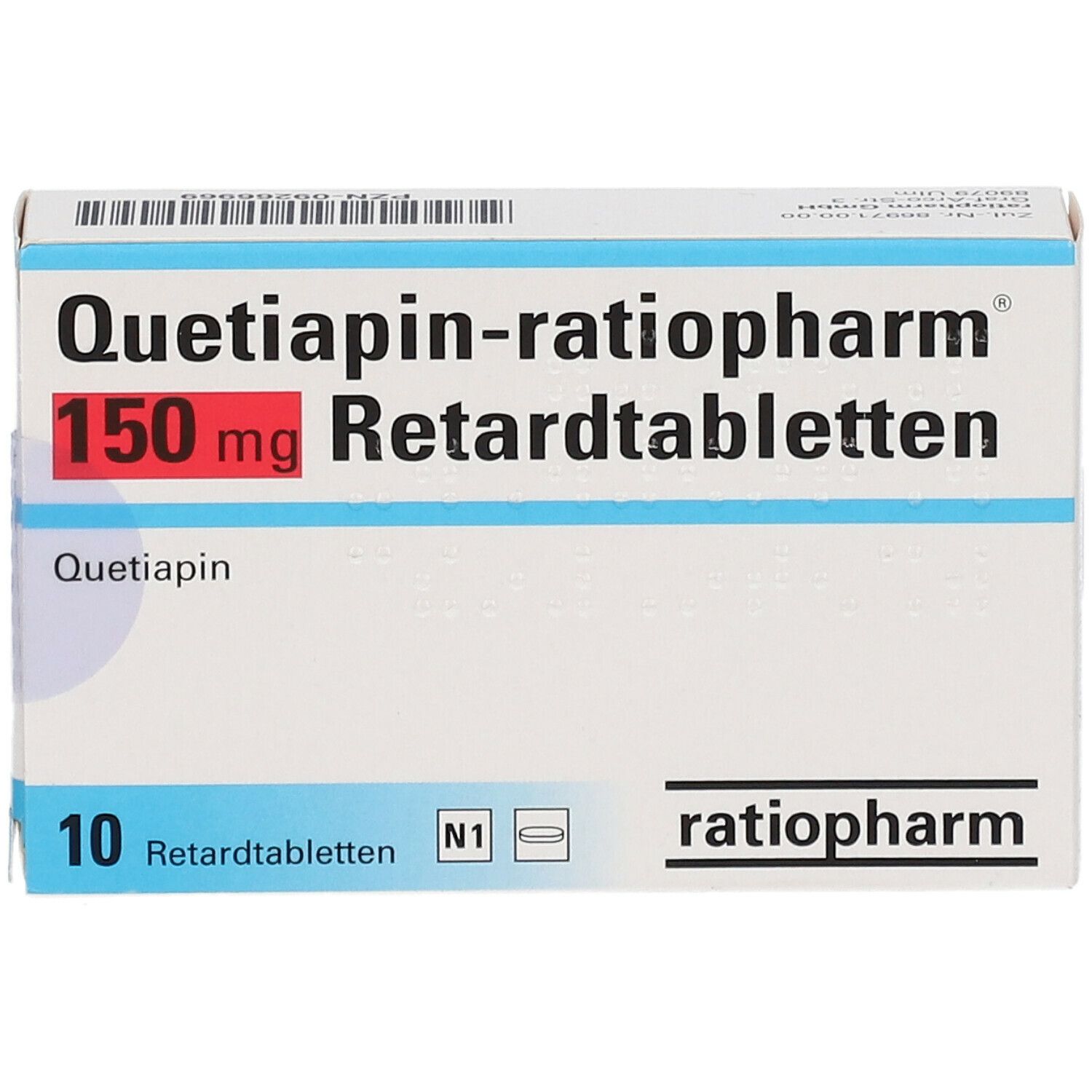 Schachtel "Quetiapin-ratiopharm 150 mg Retardtabletten". 10 Tabletten. Marke ratiopharm. Weiße und blaue Verpackung.
