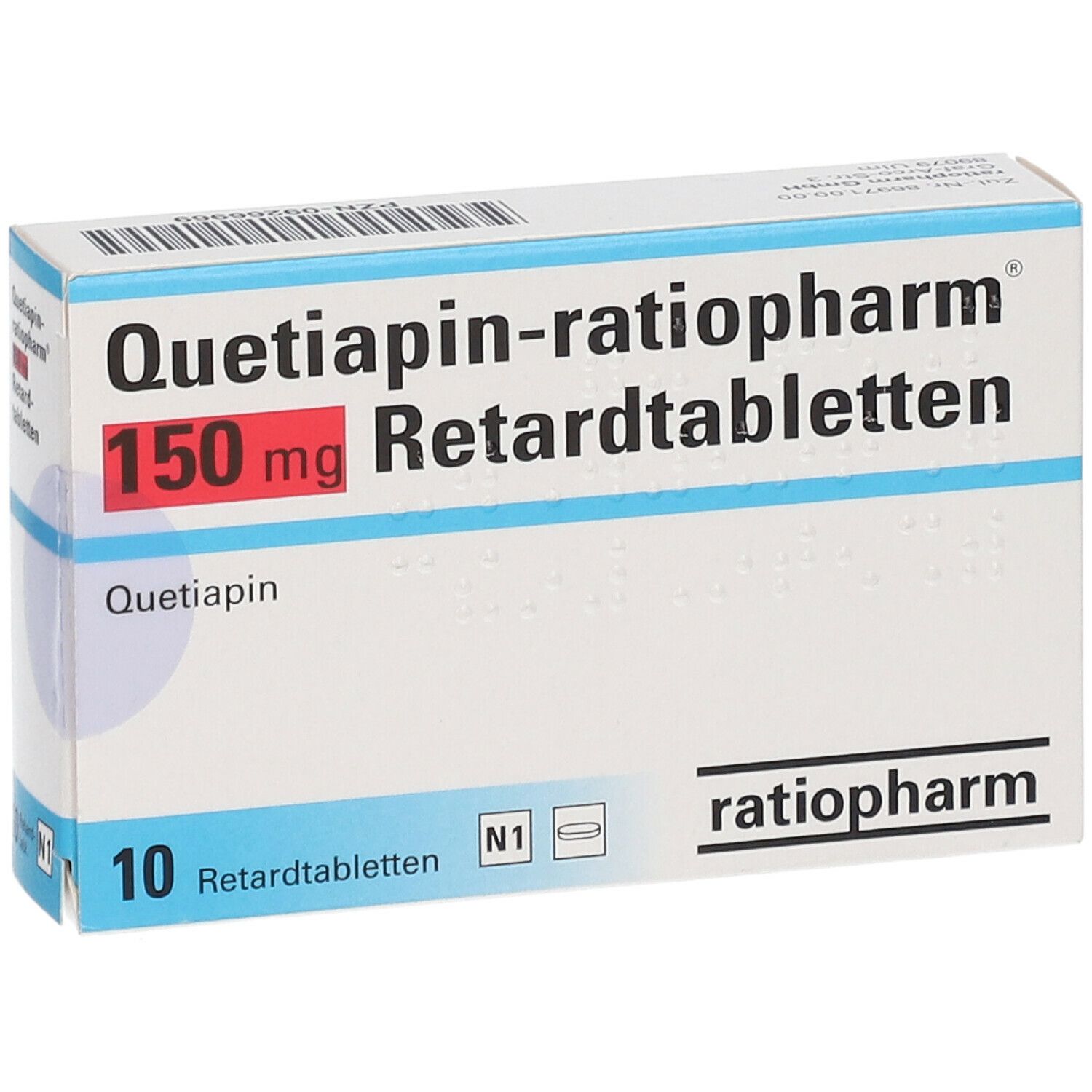 Schachtel "Quetiapin-ratiopharm 150 mg Retardtabletten". 10 Tabletten. Marke ratiopharm. Weiße und blaue Verpackung.