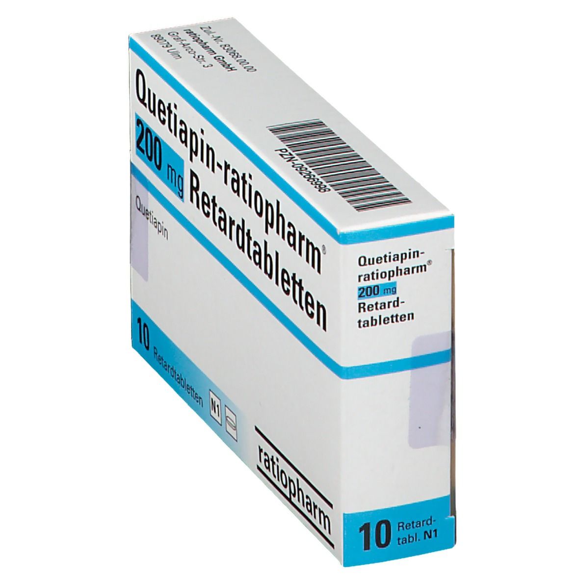 Schachtel Quetiapin-ratiopharm 200 mg Retardtabletten. Blaue und weiße Verpackung. 10 Tabletten. Ansicht von oben.