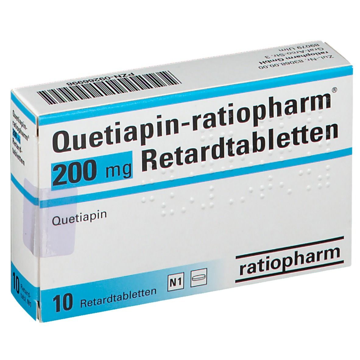 Schachtel Quetiapin-ratiopharm 200 mg Retardtabletten. Blaue und weiße Verpackung. 10 Tabletten. Nahaufnahme.