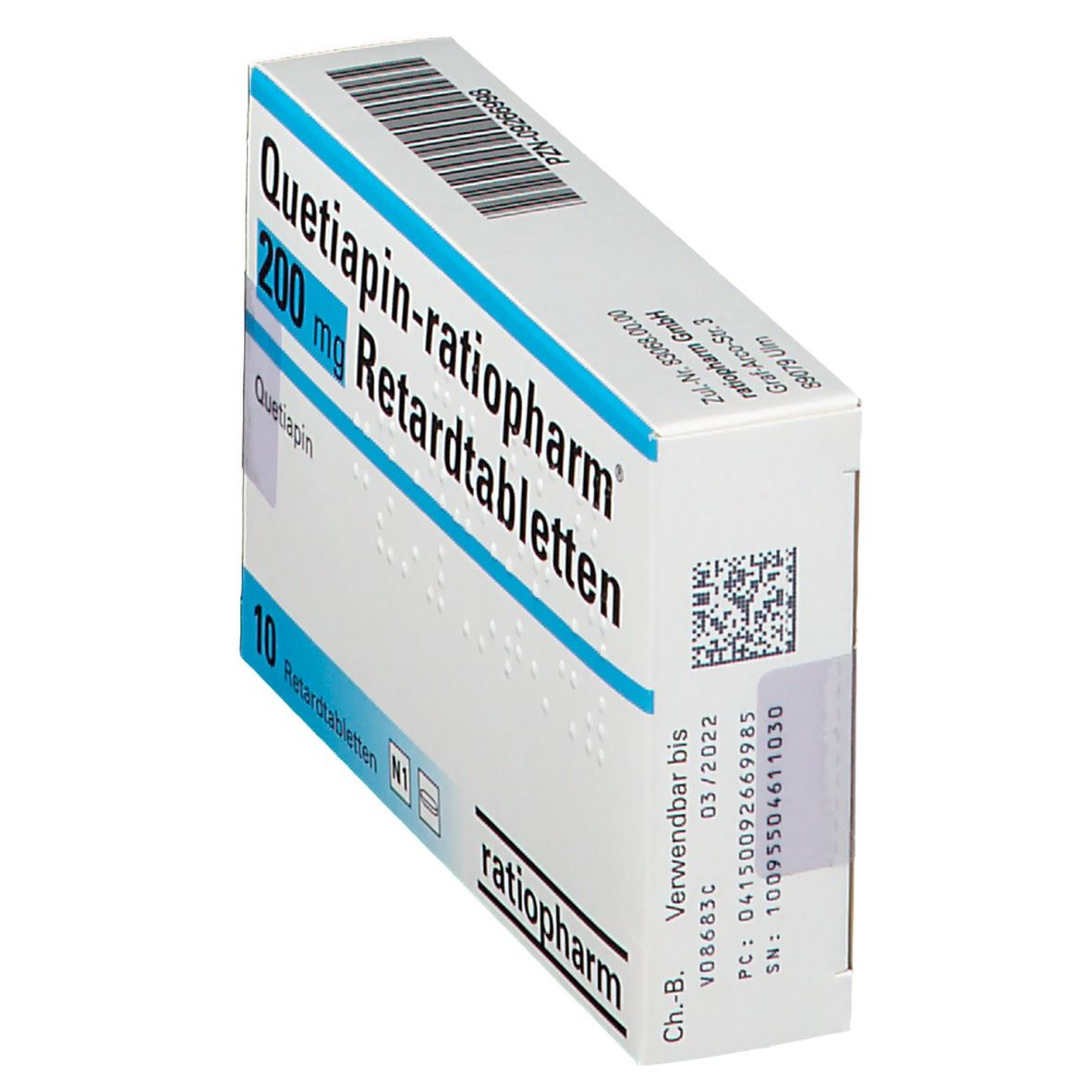 Schachtel Quetiapin-ratiopharm 200 mg Retardtabletten. Blaue und weiße Verpackung. 10 Tabletten. Detailansicht.