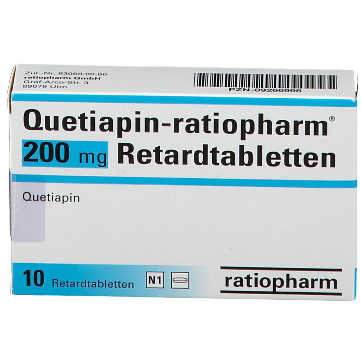 Schachtel Quetiapin-ratiopharm 200 mg Retardtabletten. Blaue und weiße Verpackung. 10 Tabletten. Vorderansicht.
