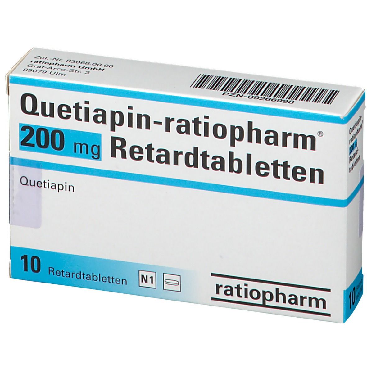 Schachtel Quetiapin-ratiopharm 200 mg Retardtabletten. Blaue und weiße Verpackung. 10 Tabletten. Nahaufnahme.