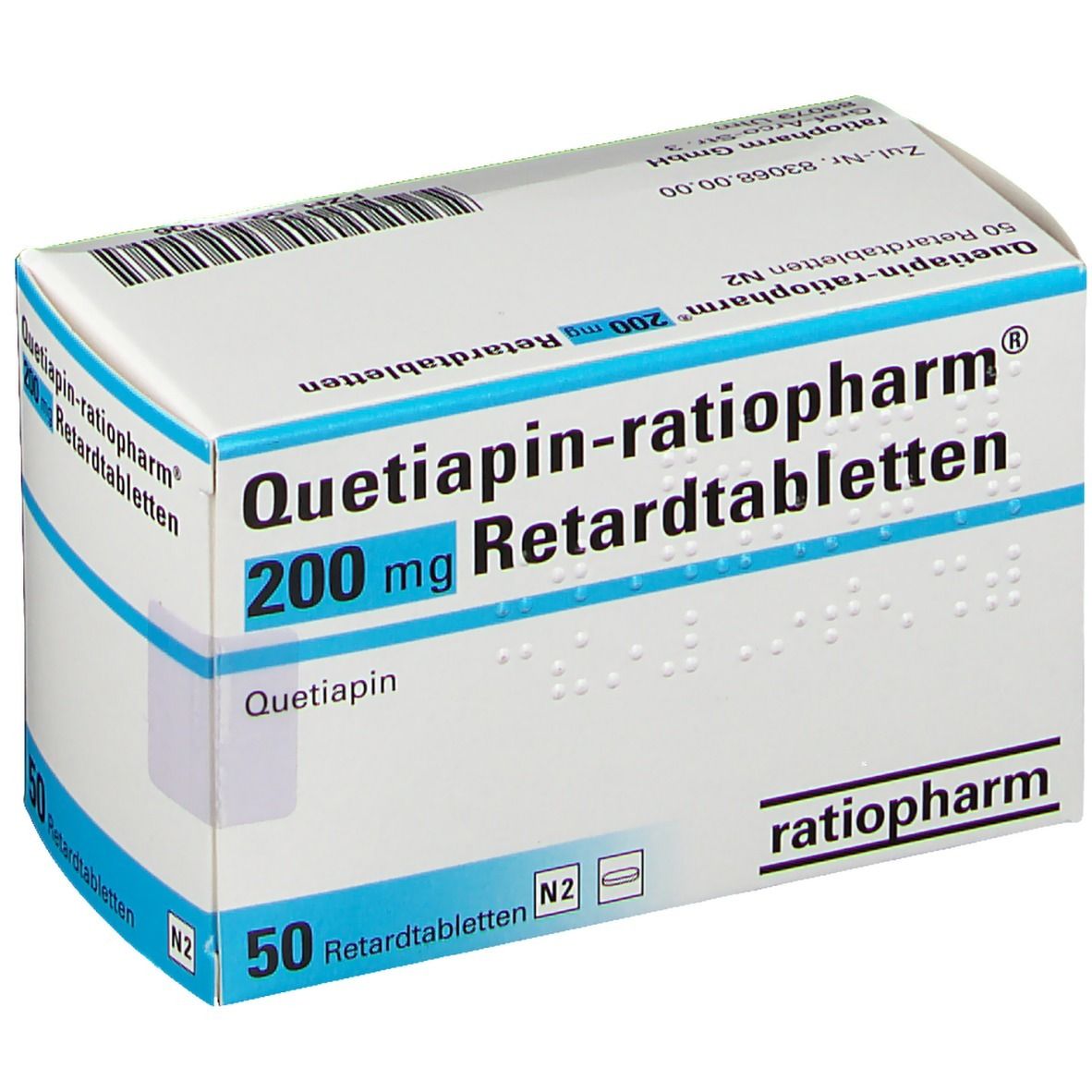 Schachtel mit Quetiapin-ratiopharm® 200 mg Retardtabletten. Blaue und weiße Verpackung mit Produktnamen und Dosierung.