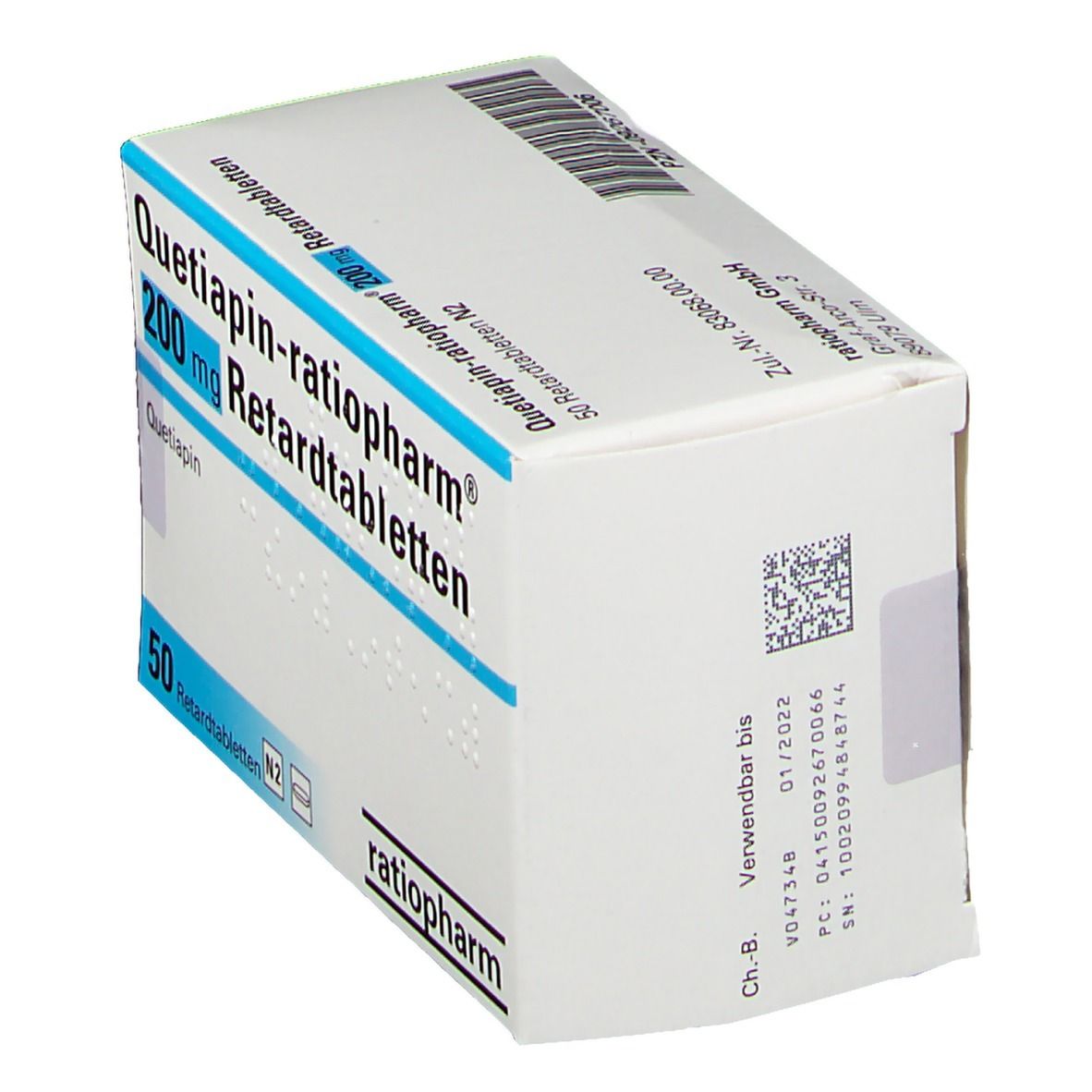 Schachtel Quetiapin-ratiopharm® 200 mg Retardtabletten. Weiße Verpackung mit blauen Akzenten, Barcode und Produktinformationen.