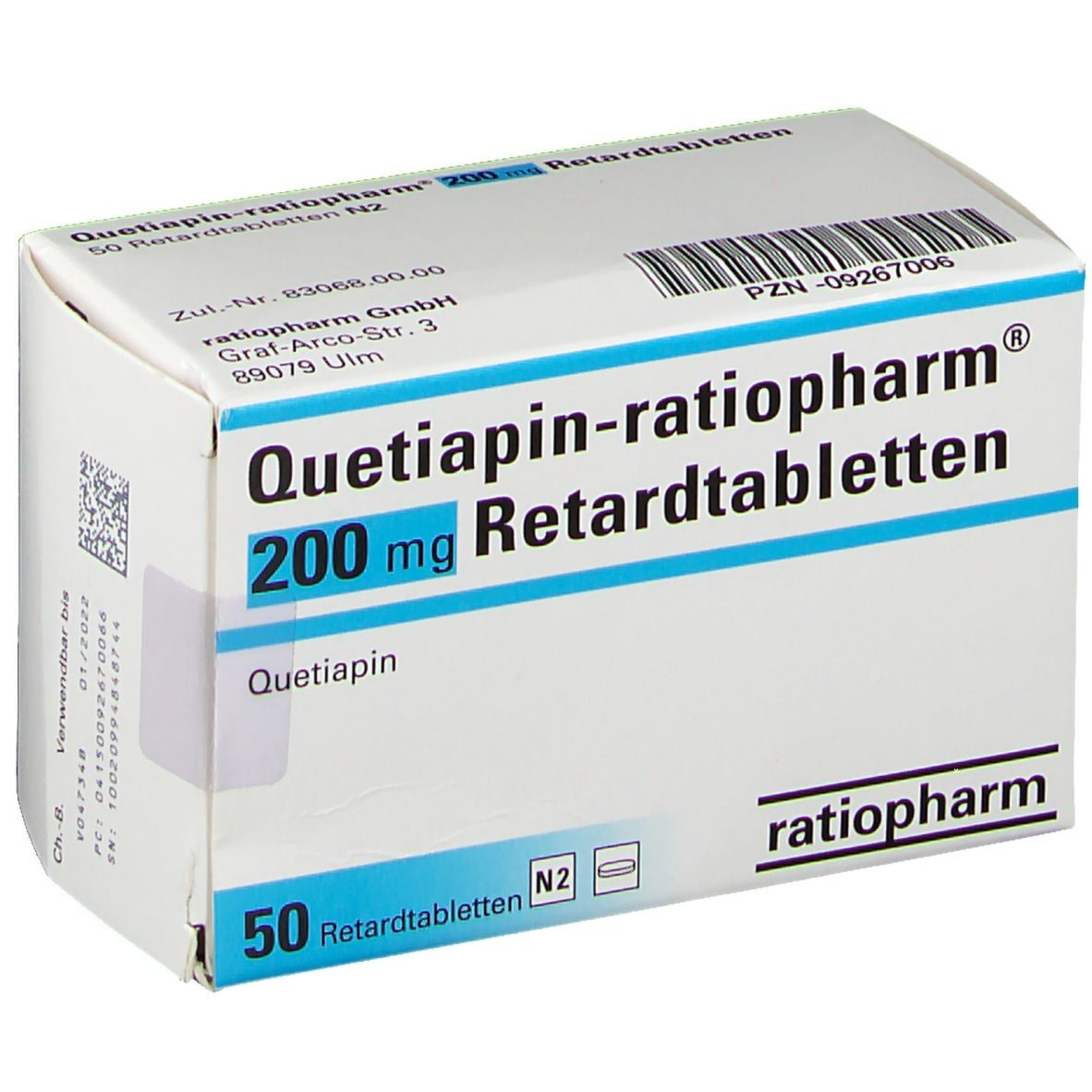 Schachtel Quetiapin-ratiopharm® 200 mg Retardtabletten. Weiße Verpackung mit blauen Akzenten und Produktnamen.