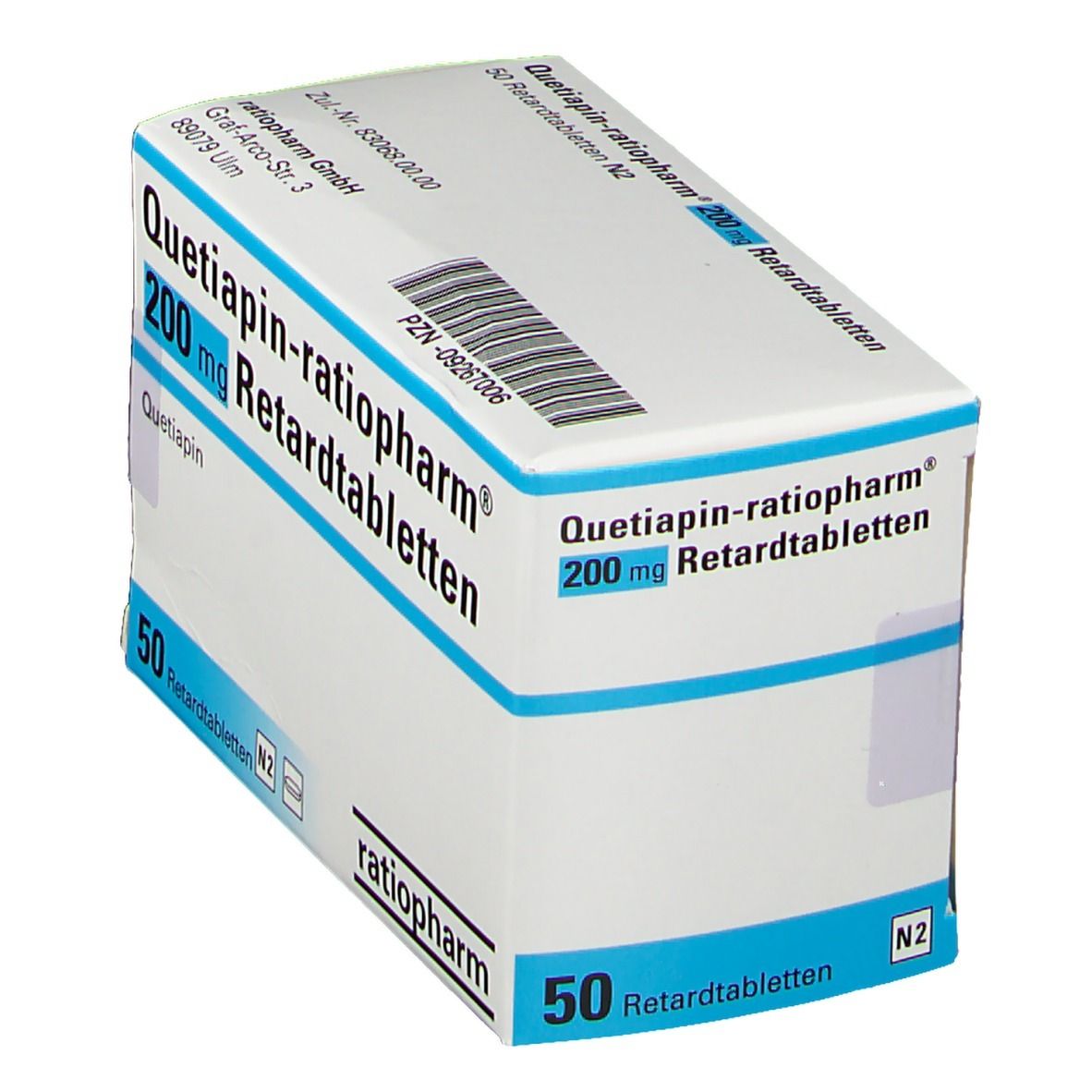 Schachtel Quetiapin-ratiopharm® 200 mg Retardtabletten. Weiße Verpackung mit blauen Akzenten, schräg gestellt.