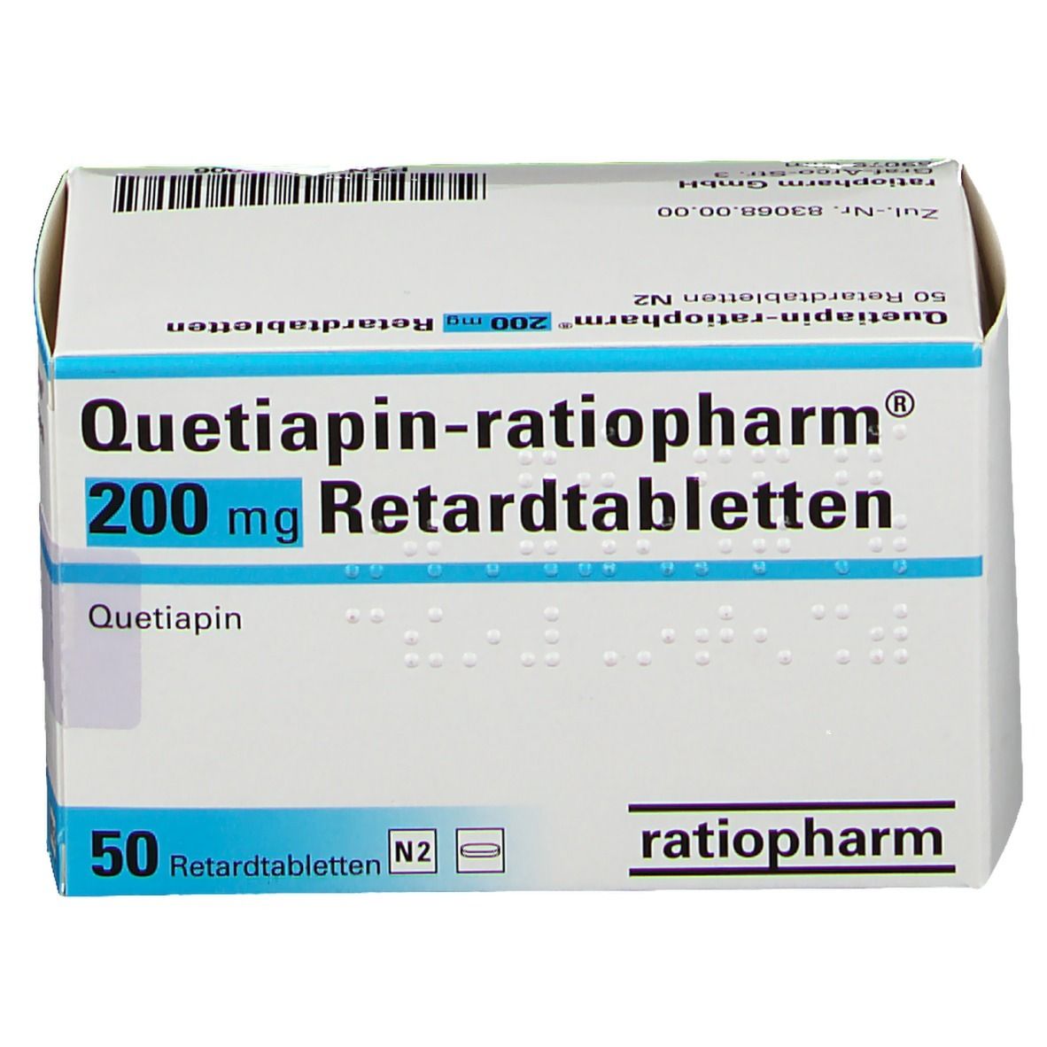 Schachtel Quetiapin-ratiopharm® 200 mg Retardtabletten. Weiße Verpackung mit blauen Akzenten und Produktnamen.
