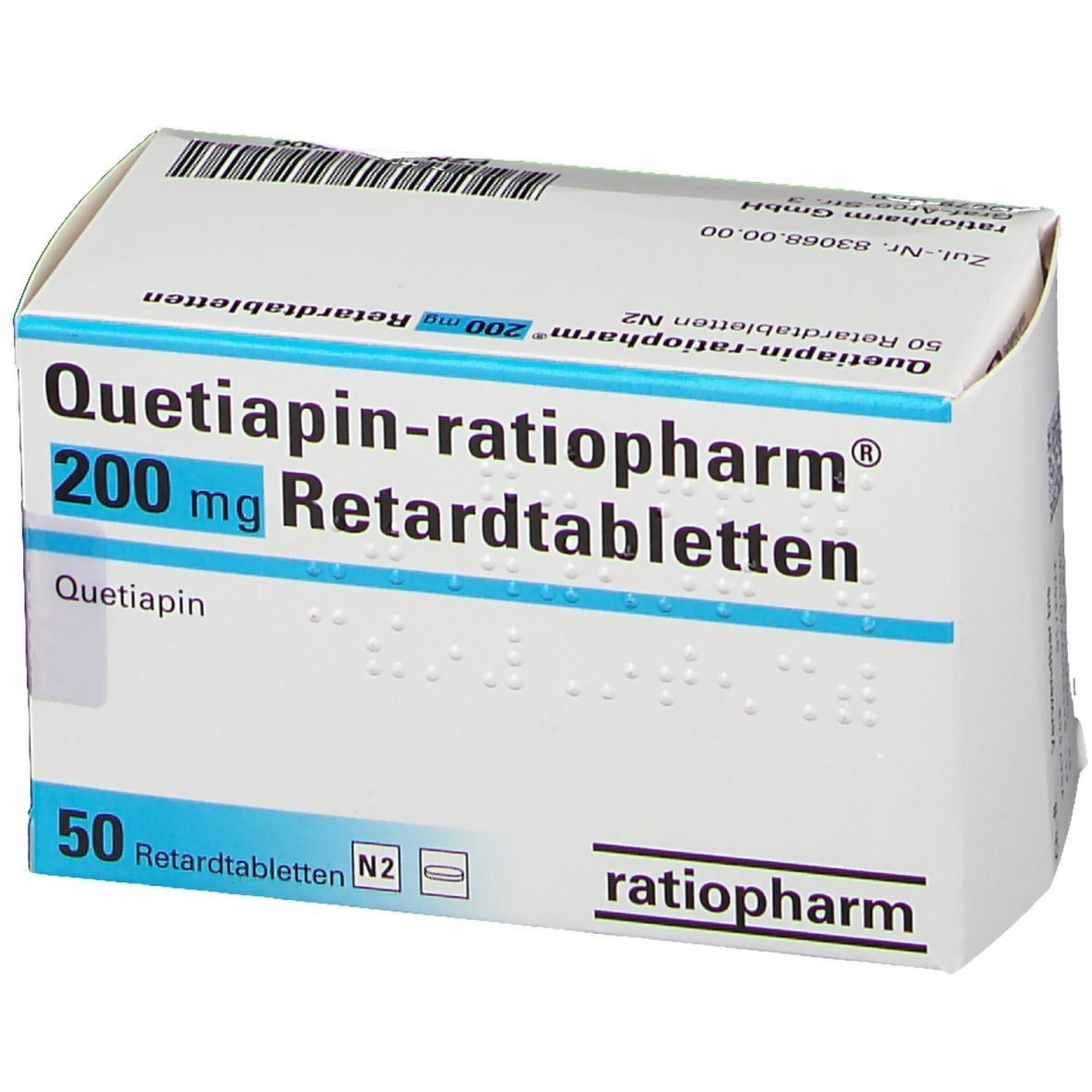 Schachtel Quetiapin-ratiopharm® 200 mg Retardtabletten. Weiße Verpackung mit blauen Akzenten und Produktnamen.