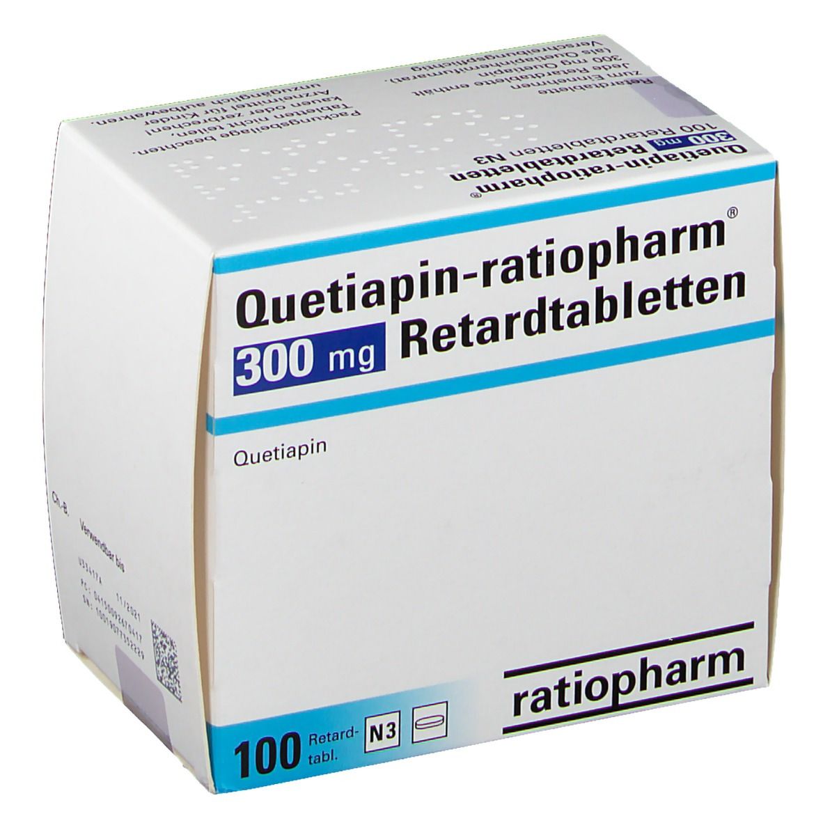 Schachtel Quetiapin-ratiopharm 300 mg Retardtabletten. 100 Tabletten. Weiße Verpackung mit blauen Akzenten und Logo.