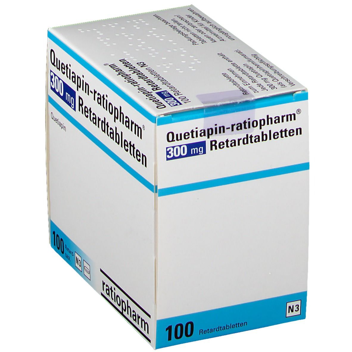 Schachtel Quetiapin-ratiopharm 300 mg Retardtabletten. 100 Tabletten. Weiße Verpackung mit blauen Akzenten und Logo.
