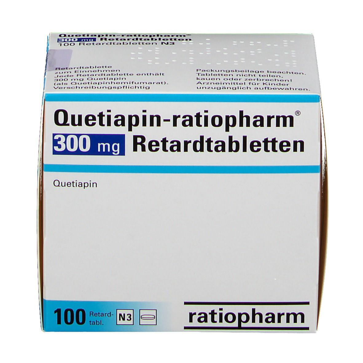 Schachtel Quetiapin-ratiopharm 300 mg Retardtabletten. 100 Tabletten. Weiße Verpackung mit blauen Akzenten und Logo.