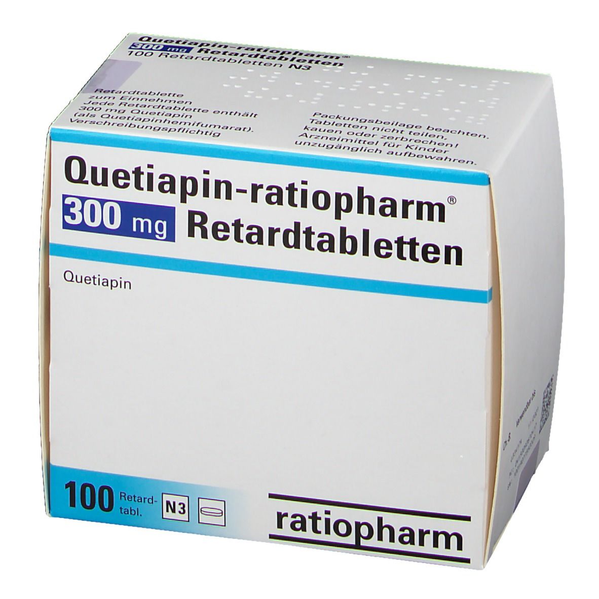 Schachtel Quetiapin-ratiopharm 300 mg Retardtabletten. 100 Tabletten. Weiße Verpackung mit blauen Akzenten und Logo.