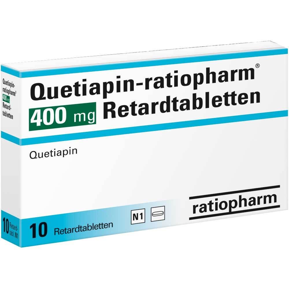 Schachtel mit "Quetiapin-ratiopharm 400 mg Retardtabletten". 10 Tabletten. Marke: ratiopharm.