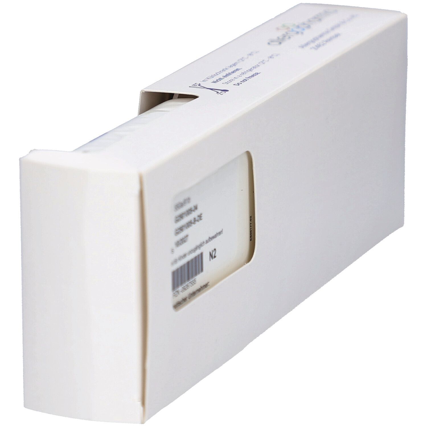 Schräge Seitenansicht einer weißen Verpackung. Produktinformationen durch Aussparung sichtbar. N2-Kennzeichnung.